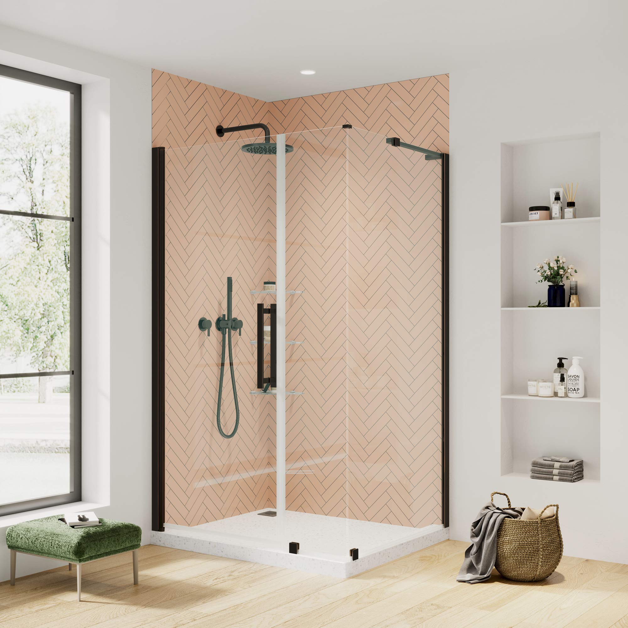 OVE Decors Pasadena Frameless Corner Pivot Shower Door 46