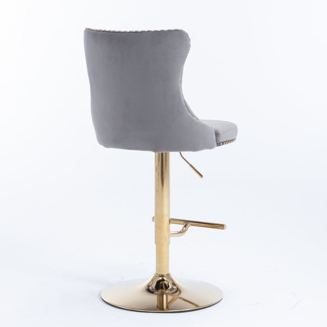 Adjustable Height Swivel Bar Stool with Footrest - Velvet Upholstery, Studded Design & Golden Base (Grey) - Perfect for Kitchen Islands, Home Bars & Dining Counter Stools
