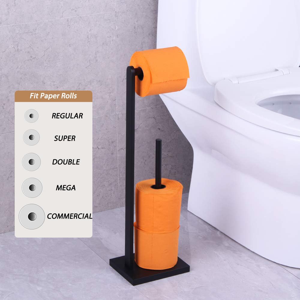 GERZWY SUS 304 Stainless Steel Free Standing Toilet Paper Holder - Matte Black Bathroom Tissue Roll Stand for Bathroom, Toilet, Powder Room & Guest Bath Decor