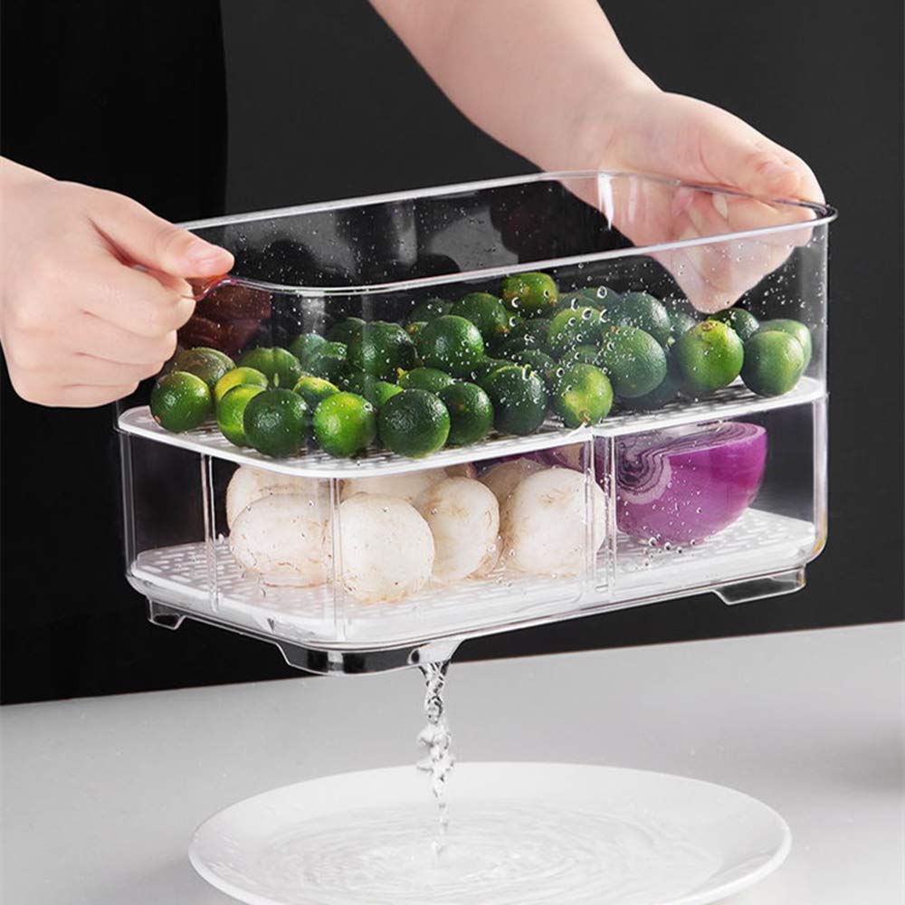 SANNO Airtight Vegetable & Fruit Storage Containers for Fridge - BPA-Free Food Storage Bins with Lids & Removable Drain Tray - Stackable Refrigerator Organizer Drawers for Fresh Produce - Perfect for Kitchen, Pantry & Meal Prep Organization