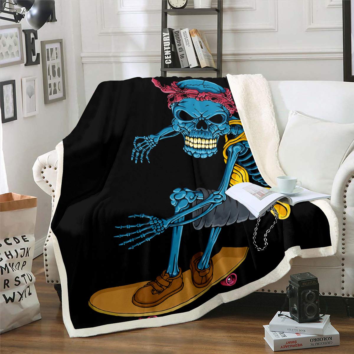 Skull Skateboard Fleece Blanket - Black & White Sherpa Throw Blanket for Couch, Sofa & Bed - 90x90 Inch Oversized Cozy Blanket - Perfect for Living Room, Dorm & Camping - Soft Warm Blanket for Winter & Gift Giving