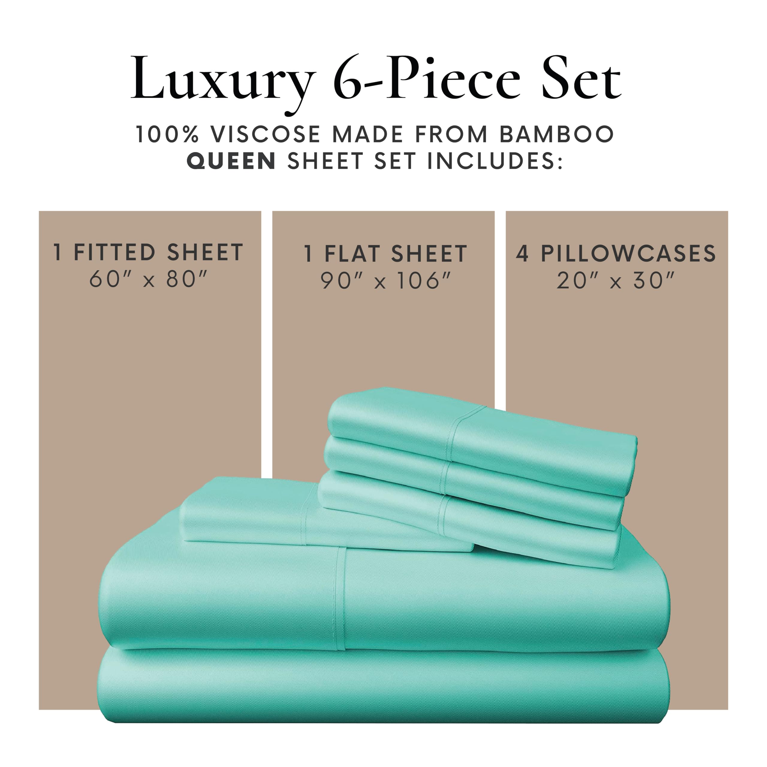 Bamboo Bay 6-Piece Queen Size Sheet Set - 100% Bamboo Viscose, Breathable & Ultra Soft Cooling Bed Sheets for Hot Sleepers - Deep Pocket Fits 16