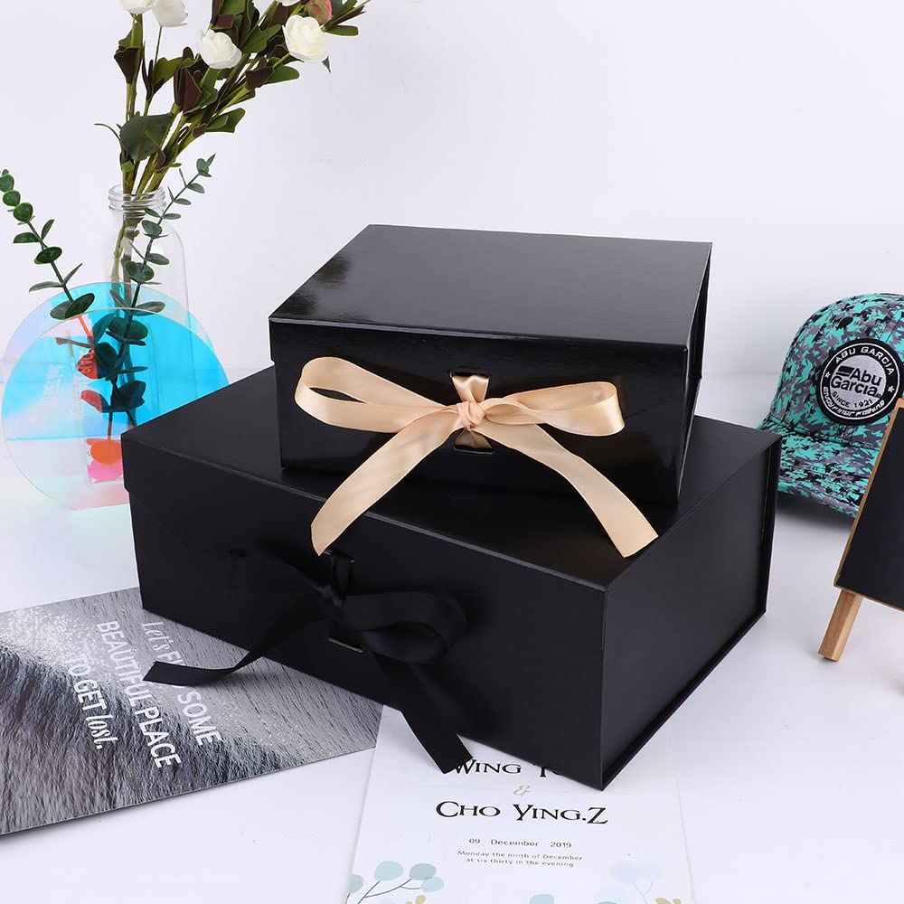 Extra Large 16x14x5.3 Inches Black Gift Box with Ribbon & Magnetic Lid Closure - Premium Collapsible Rectangle Gift Box for Groomsman Proposal, Clothes, Jewelry, Wedding Favors & Special Occasions (Glossy Black)