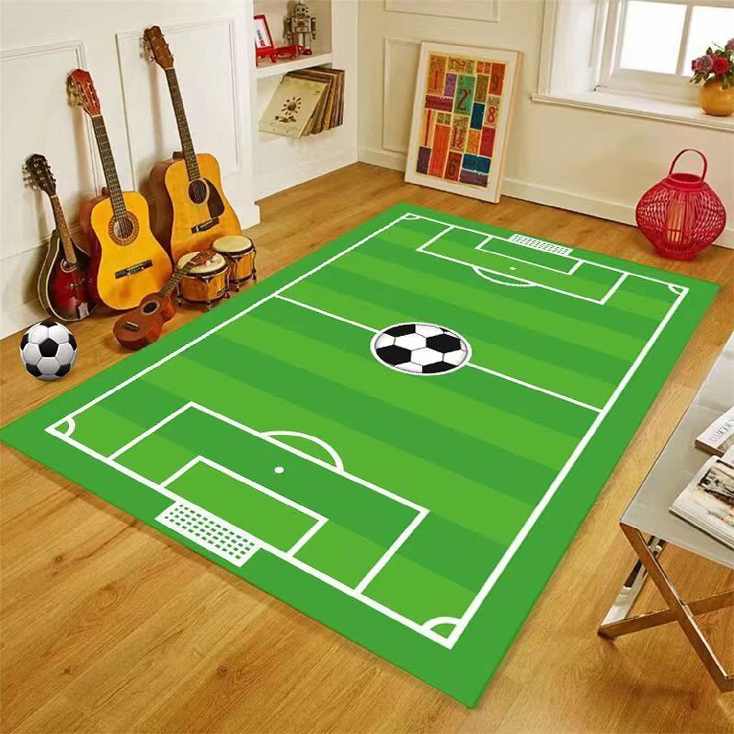 Non-Slip Kids Soccer Rug - 4x6 Football Field Playmat for Boys & Girls Bedroom, Sports Room & Living Room - Soft Green Children's Area Rug for Playtime & Decor
