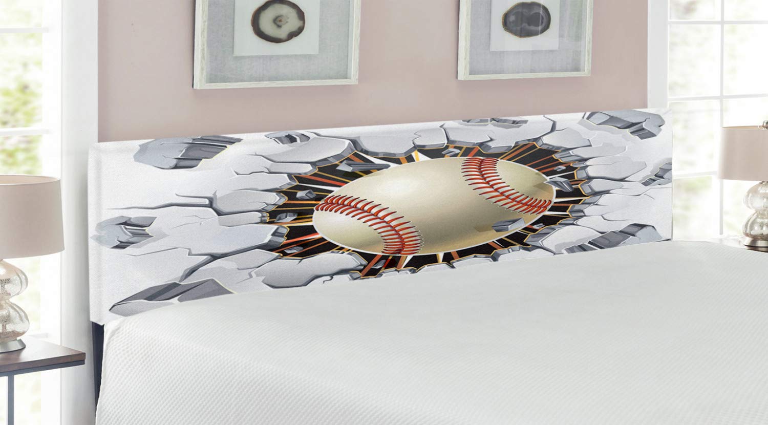 Ambesonne King Size Upholstered Sports Headboard - Baseball & Concrete Wall Design with Memory Foam | Ivory Pale Grey Orange | Perfect for Sports-Themed Bedrooms & Man Caves