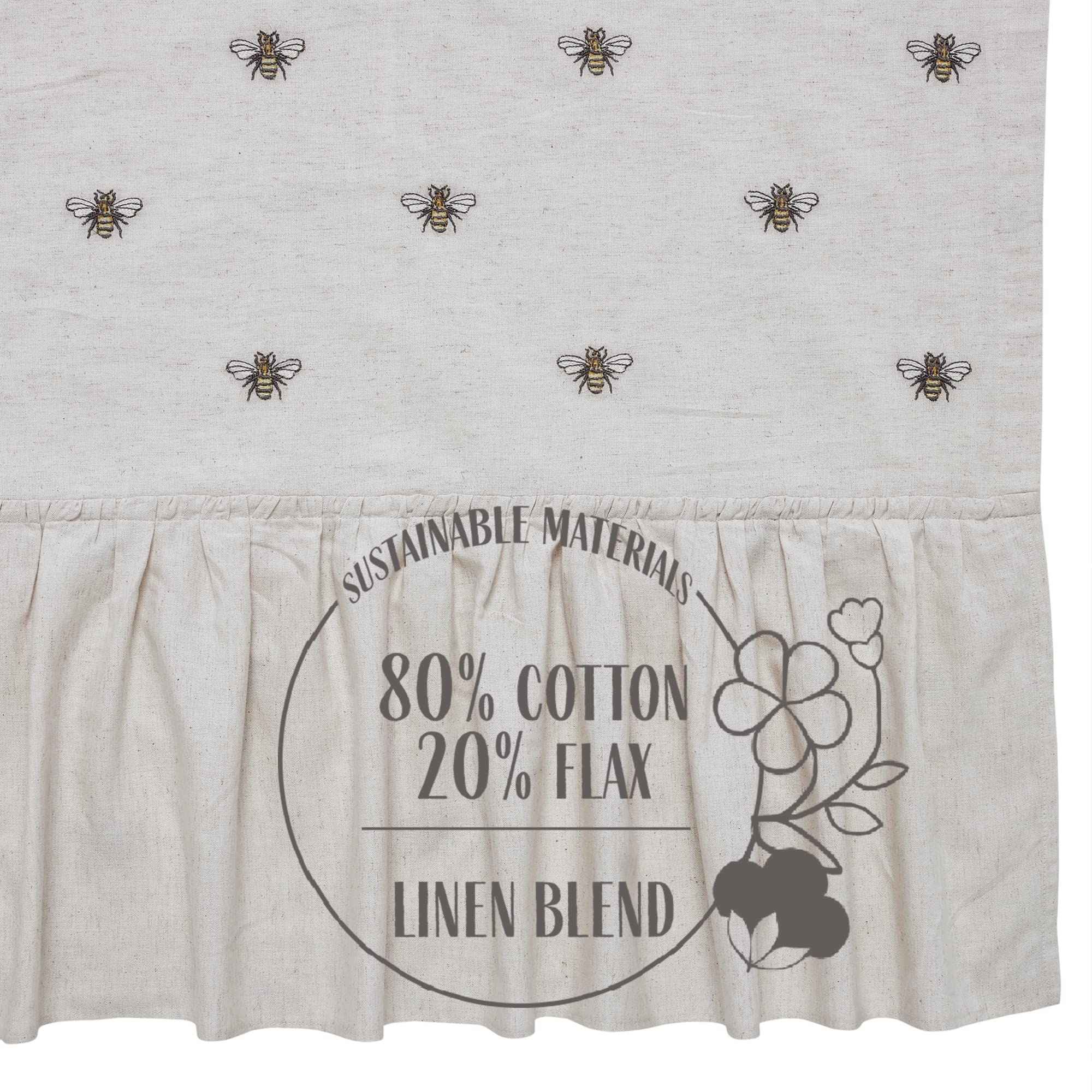 VHC Brands Embroidered Bee Farmhouse Window Valance Curtain - Ruffled Creme Yellow Grey 16x60 - Perfect for Kitchen, Living Room & Bedroom Decor