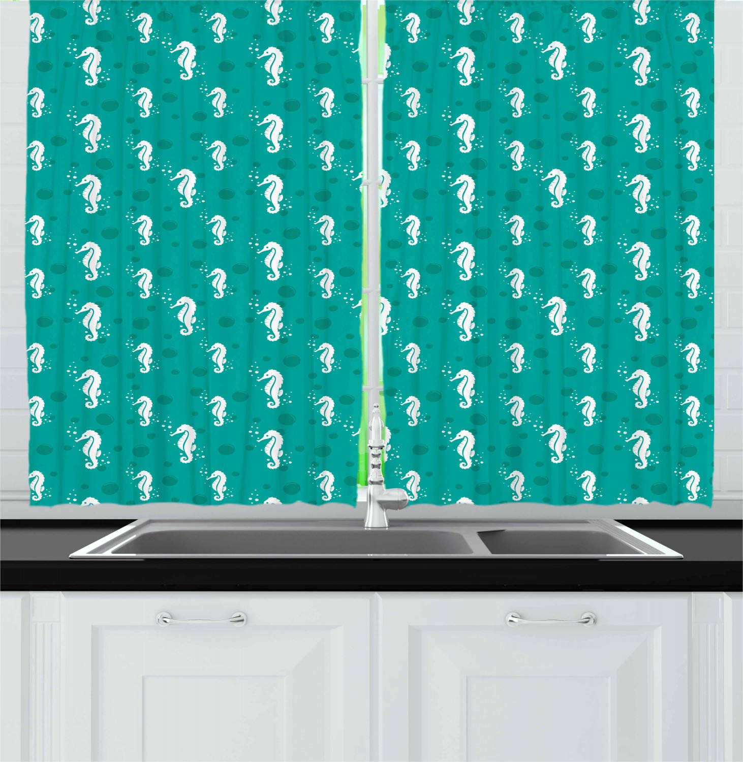 Ambesonne Seahorse Kitchen Curtains - Ocean Themed Marine Aquatic Bubbles Sea Life Coastal Print Window Drapes, 2 Panel Set for Kitchen & Cafe Decor, 55