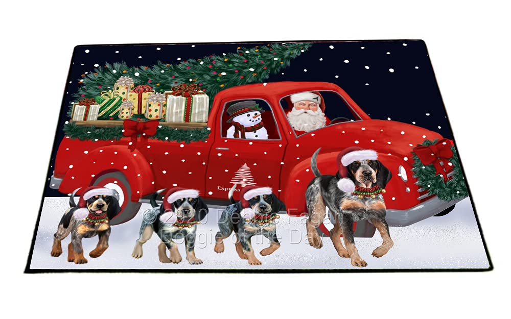 Christmas Red Truck with Bluetick Coonhound Dogs Non-Slip Pet Doormat - 18x24 Inch Washable Indoor/Outdoor Rug for Home Entrance - Perfect for Holiday Decor & Pet Lovers