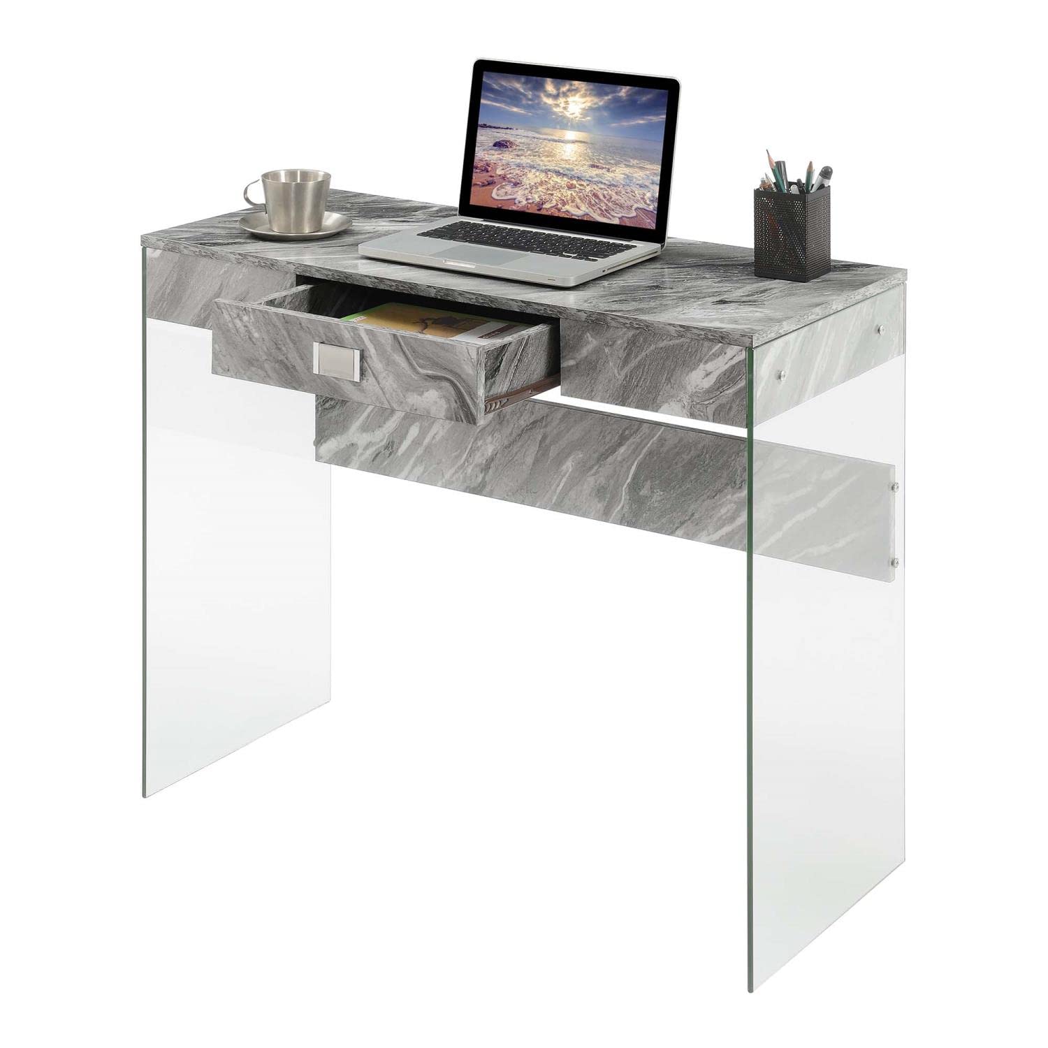 Convenience Concepts SoHo 36-inch Glass Desk with 1 Drawer - Gray Faux Marble & Glass Top - Perfect for Home Office, Study Room & Modern Workspace