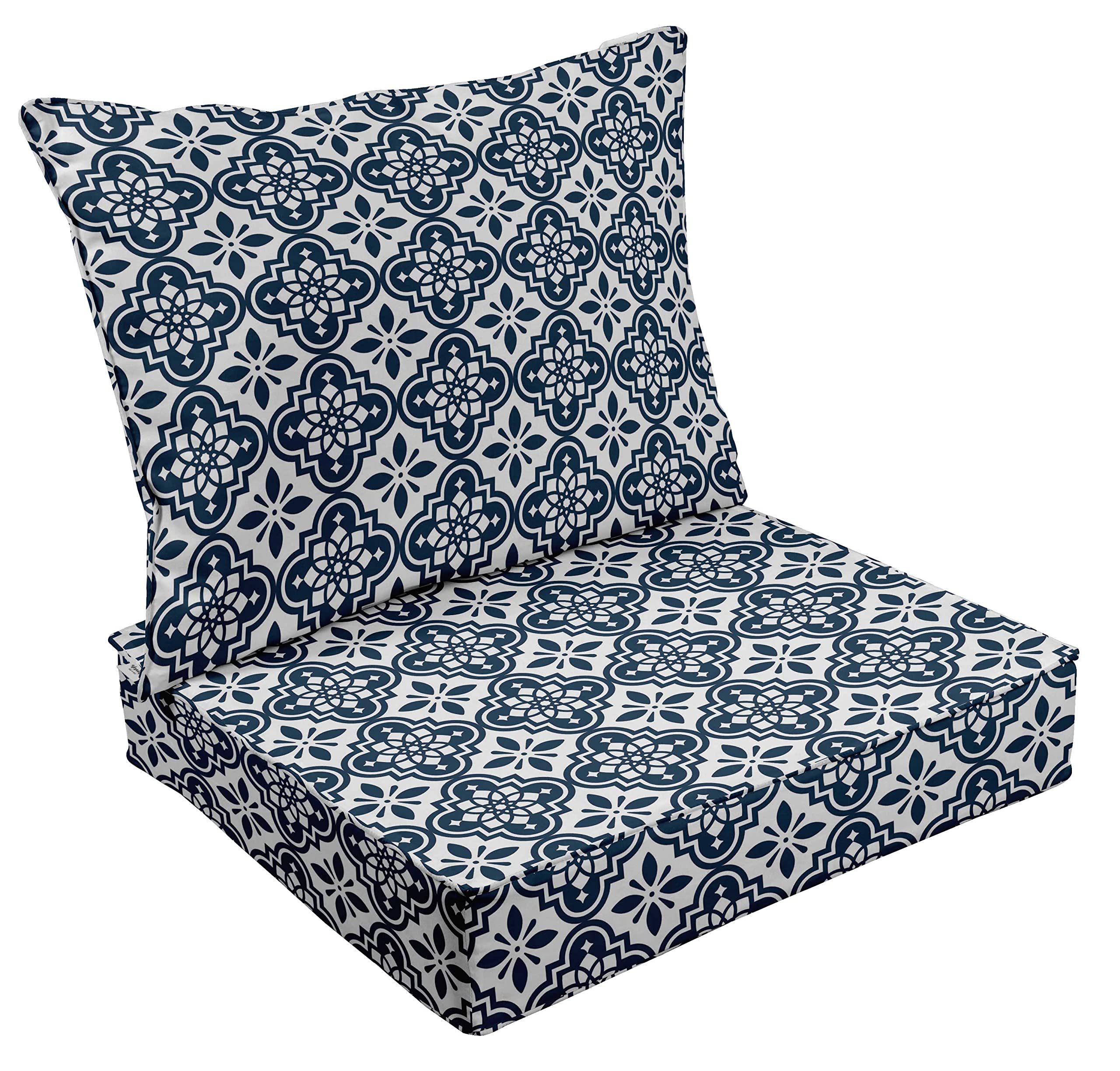 Printed Outdoor Deep Seat Patio Cushions Set - 2-Piece All-Weather Replacement Cushions (25x25x5 Inches) for Patio Furniture - White | Perfect for Garden, Deck, Porch & Outdoor Lounge Chairs