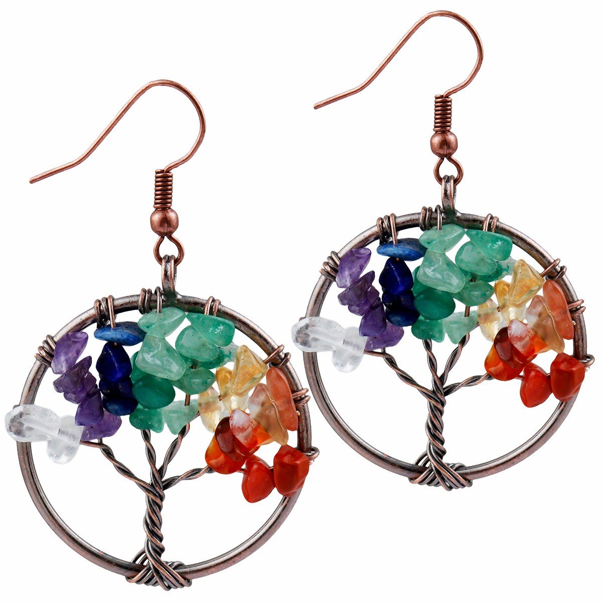 TUMBEELLUWA Handmade Copper Chakra Gemstone Tree Dangle Earrings for Women | Boho Spiritual Jewelry | Best Gift for Yoga, Meditation & Nature Lovers