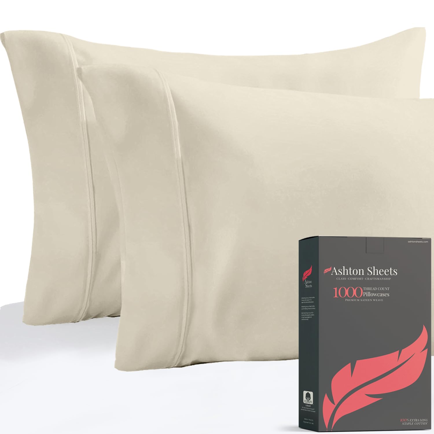 Luxury 1000 Thread Count Egyptian Cotton Pillowcases Set of 2 - Standard/Queen Size, Soft Sateen Weave Cooling Pillow Covers for Hot Sleepers - Ivory | Perfect for Master Bedroom, Guest Room & Hotel Use