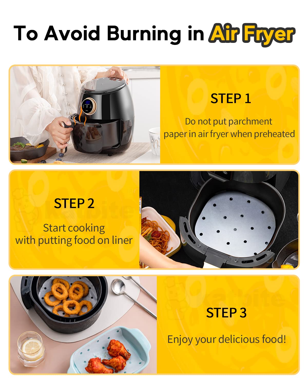 Katbite Heavy Duty Perforated Parchment Paper for Air Fryer - 120Pcs 6.5 inch Square Liners, Non-Stick Baking Sheets for Steaming Basket, Pans, Dumplings, Fish & Dim Sum - Perfect for Air Frying, Cooking & Meal Prep