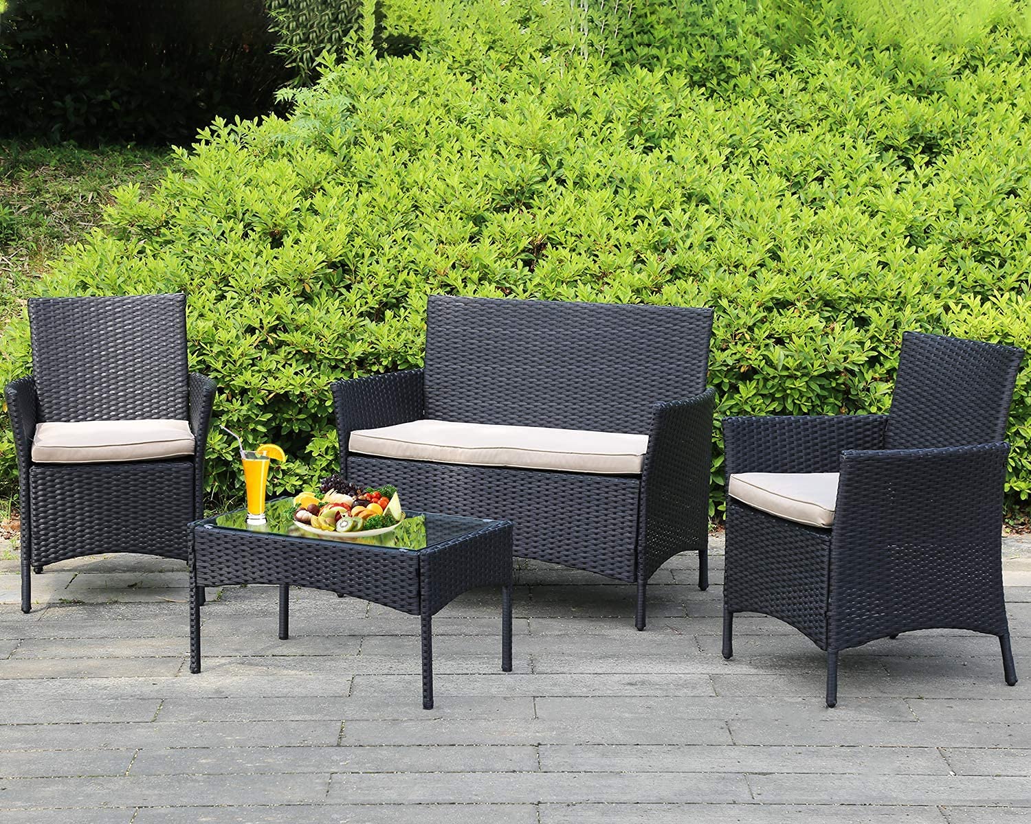 4-Piece Outdoor Patio Furniture Set - Rattan Wicker Sofa & Chairs Conversation Set with Coffee Table for Backyard, Lawn, Porch, Poolside, Balcony & Garden - Perfect for Relaxing, Entertaining & Outdoor Dining