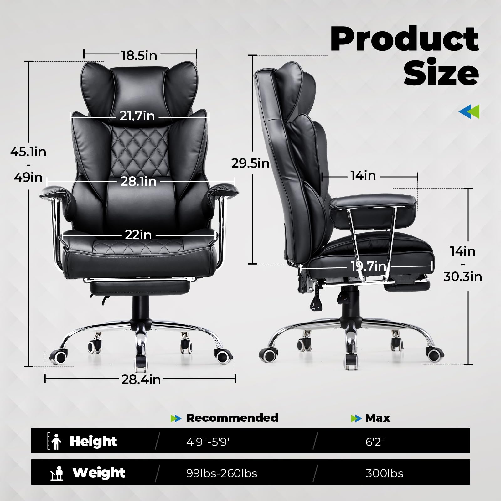 COMHOMA Big and Tall Office Chair - High Back Ergonomic Executive Chair with Footrest, Lumbar Support & Adjustable Armrests | Premium Leather Gaming Chair for Home Office, Computer Desk & Workspace Comfort