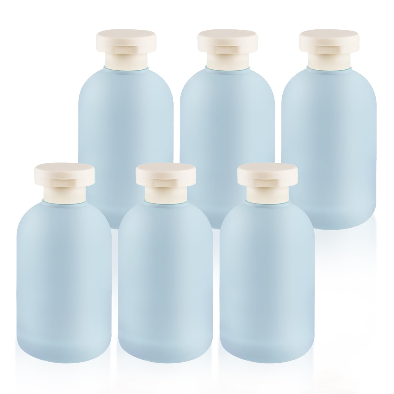 6 Pack 6.7 oz/200ml Empty Refillable Plastic Travel Shampoo Bottles with Flip Top Cap - Leakproof Squeeze Containers for Lotion, Cream, Conditioner & Toiletries - Includes Silicone Funnel (Blue) - Perfect for Air Travel, Gym Bag & Camping Essentials