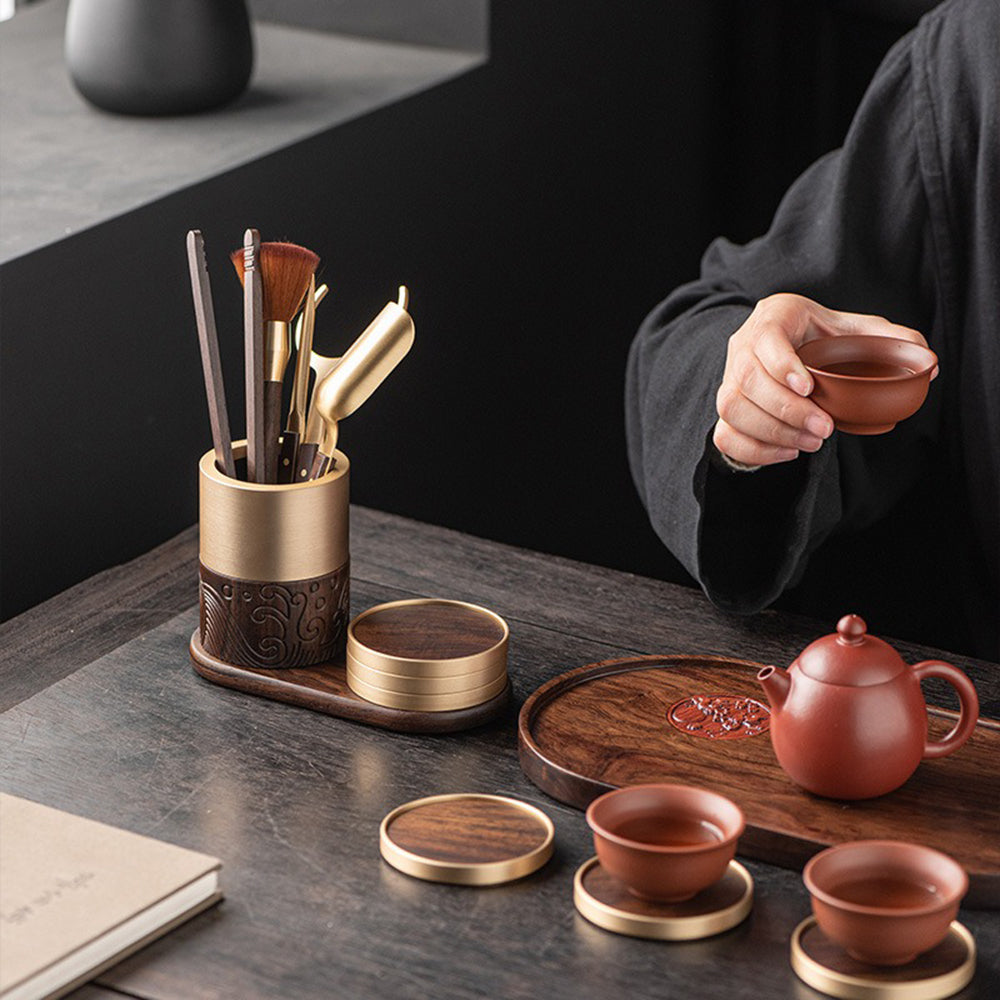 Premium Ebony & Copper Tea Set with Coaster - Handcrafted Tea Accessories for Matcha, Chai & Herbal Tea | Perfect for Tea Ceremonies, Gifts & Home Decor