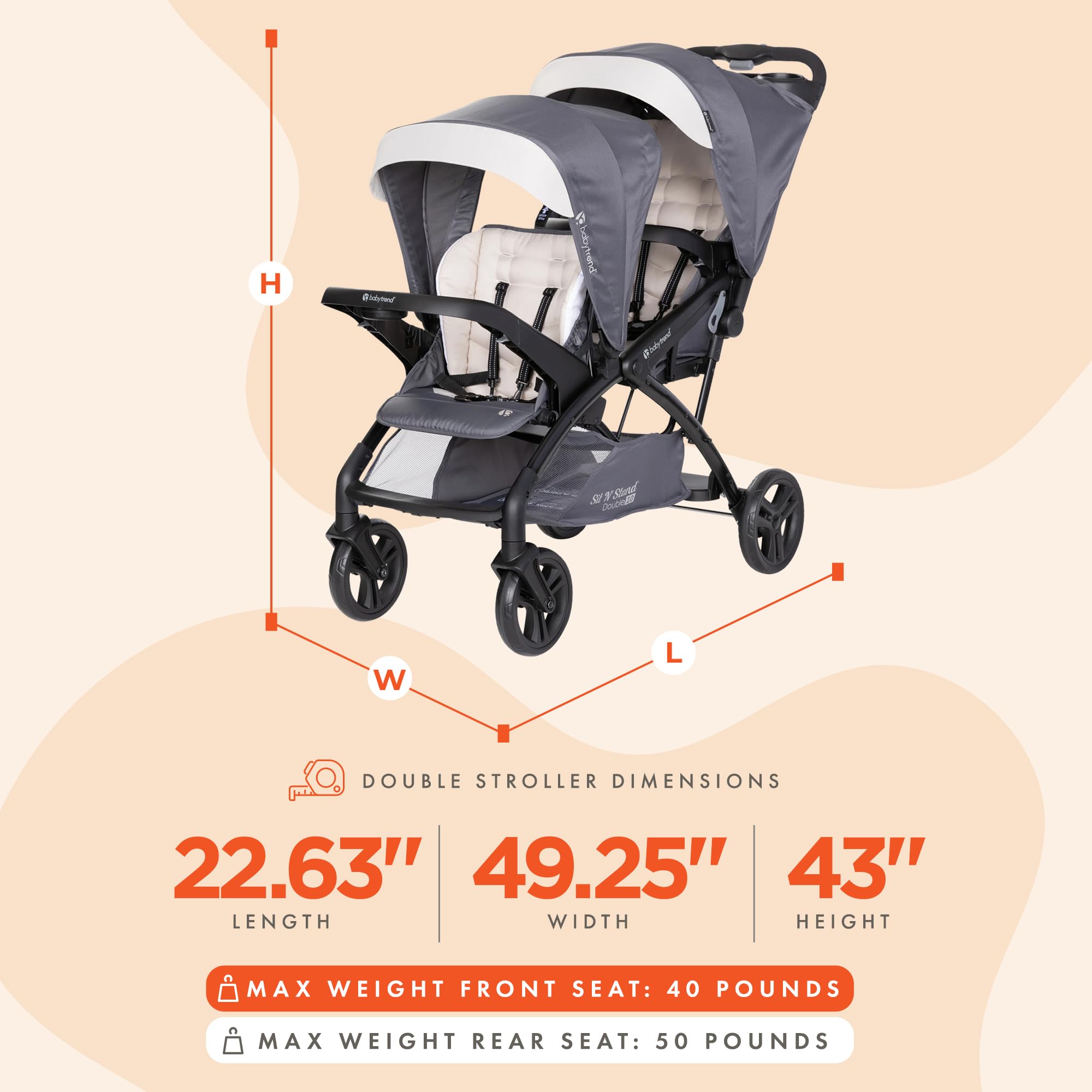 Baby Trend Sit N' Stand Tandem Double Stroller 2.0 DLX - Lightweight Convertible Stroller with 5-Point Safety Harness, Adjustable Canopy, 2 Cup Holders & Large Storage Basket - Perfect for Twins, Siblings or Infant & Toddler - Ideal for Shopping, Travel & Daily Walks (Magnolia)