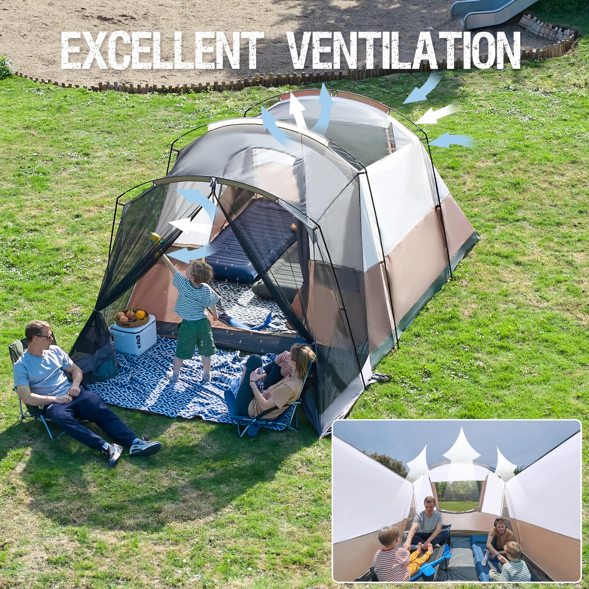 6/8/10 Person Family Camping Tent with Screen Room - Waterproof Large Tunnel Tent with Rainfly - Spacious Outdoor Tent for Camping, Hiking & Backyard Parties - Perfect for Family Gatherings & Outdoor Adventures