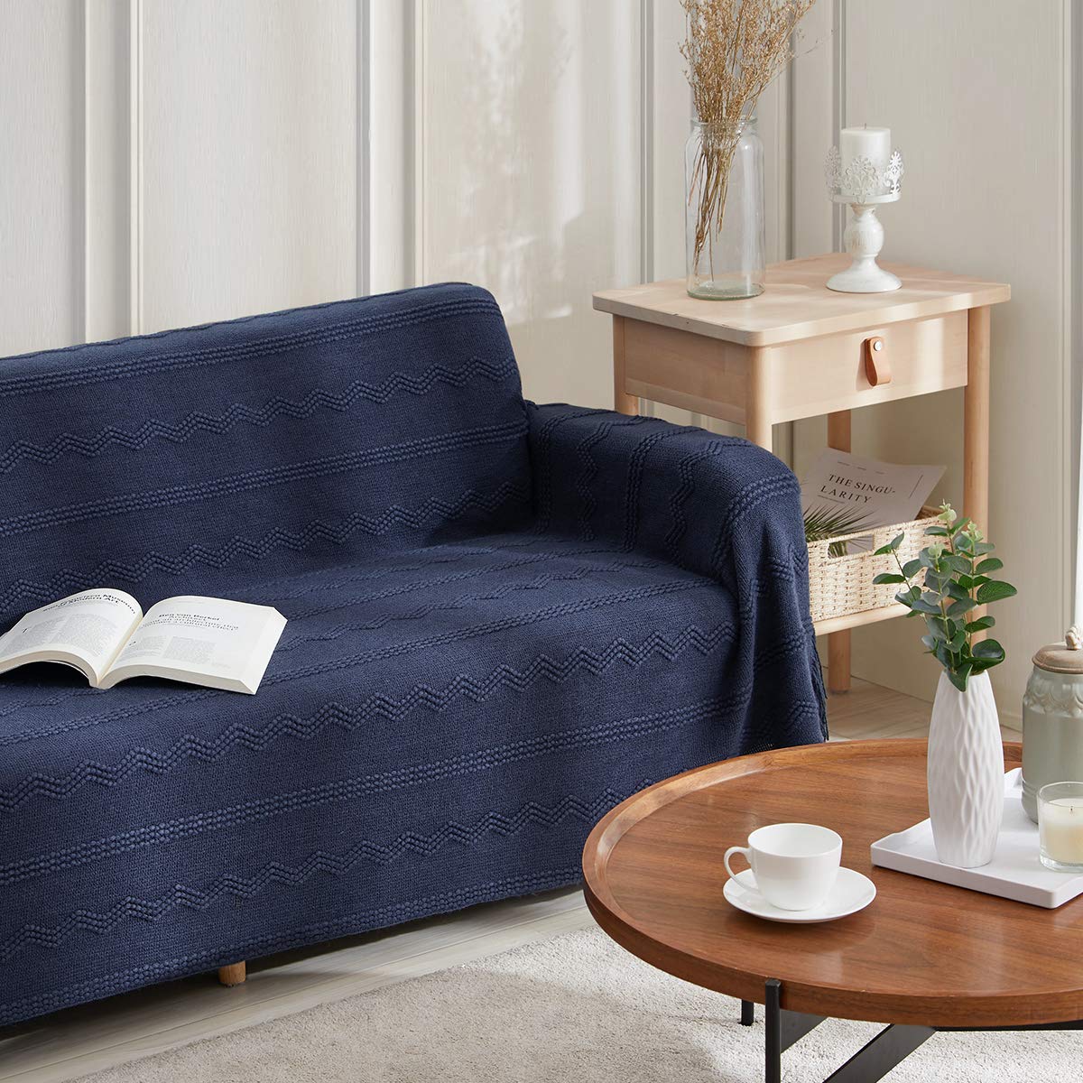 BOURINA Navy Blue Knitted Throw Blanket 50x90 Inches - Soft Textured Solid Blanket for Sofa, Couch, Bed | Cozy Home Decor, Perfect for Living Room, Bedroom & Gifts