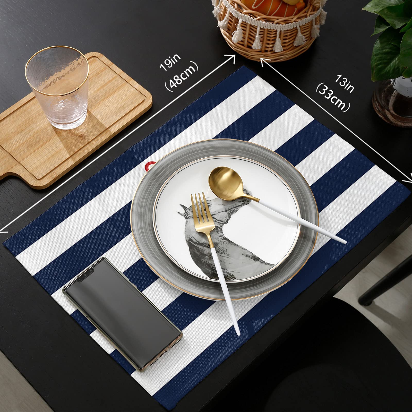 6-Piece Nautical Anchor & Navy Blue Stripes Placemats Set - Waterproof & Wipeable Table Mats for Dining & Kitchen - Perfect for Beach House, Coastal Decor & Everyday Meals
