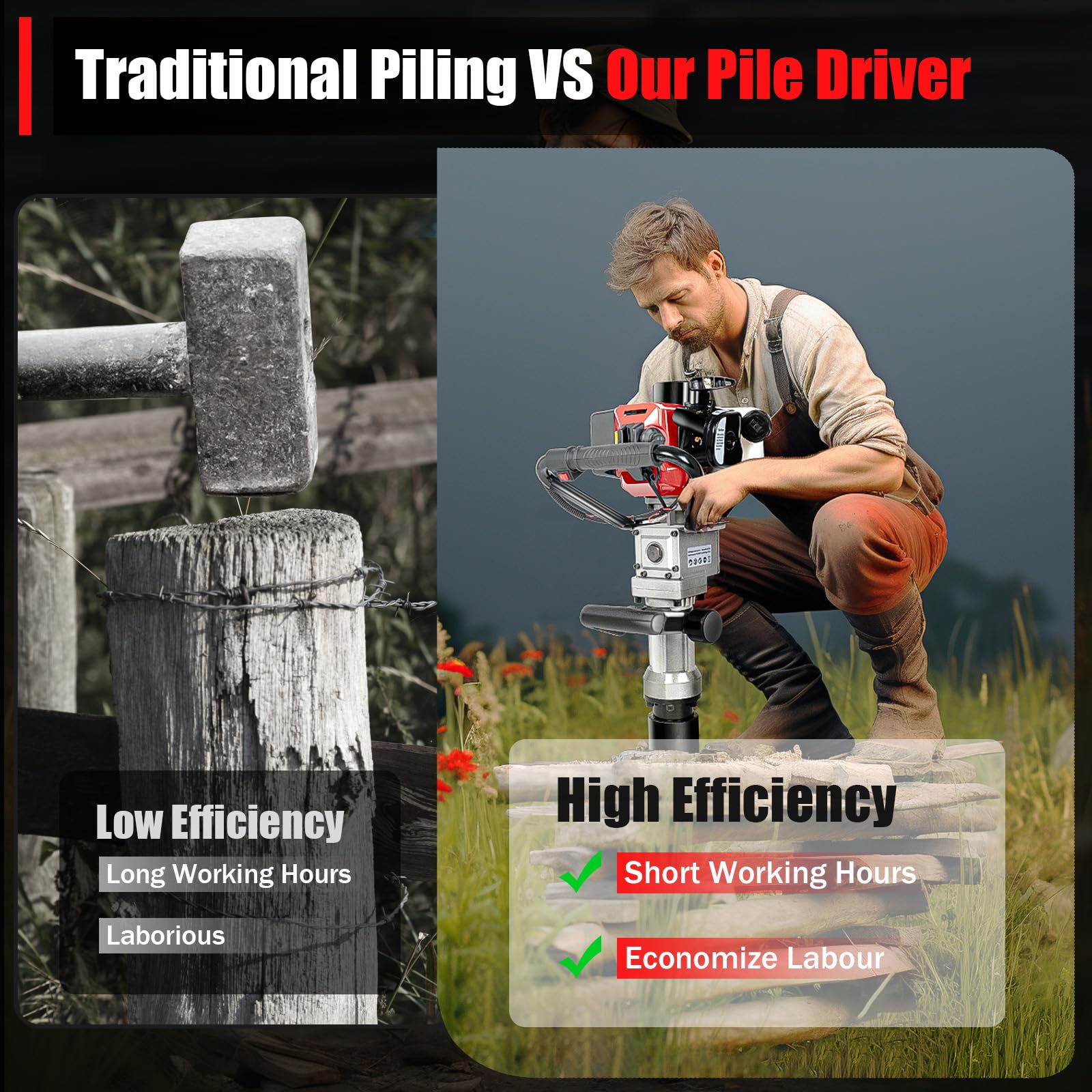 32.7CC 2-Stroke Gas T-Post Driver - Powerful 900W Gasoline Powered Fence Post Hammer with Air Cooling System - Portable Pile Driver for Garden Fencing, Farm Fence Installation, and Landscaping Projects