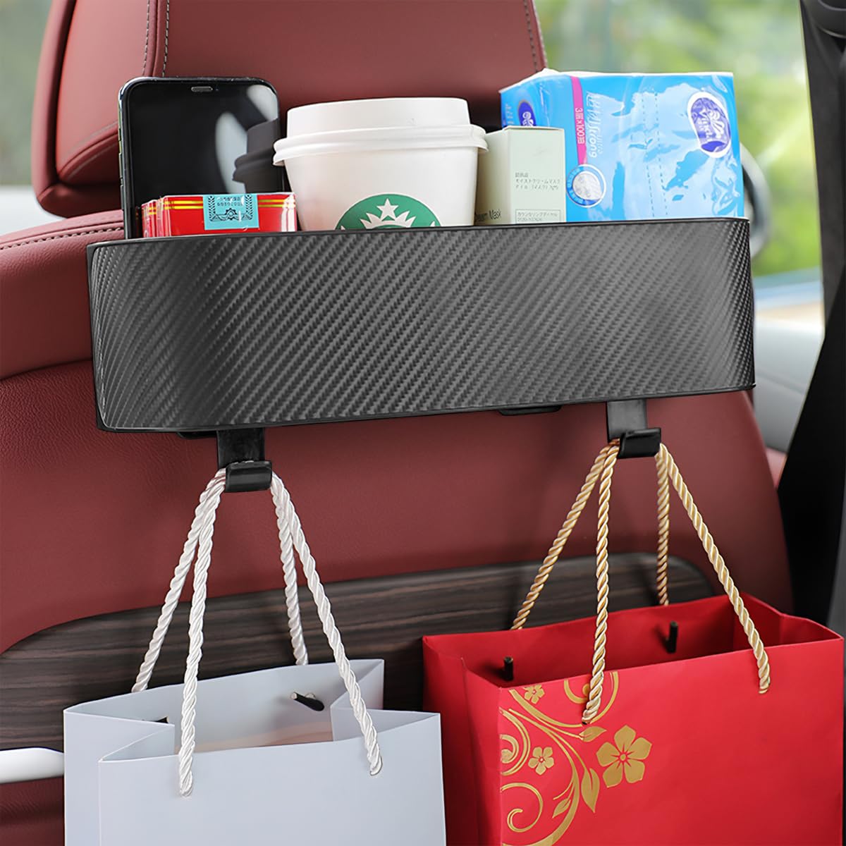BELOMI Car Backseat Organizer with Cup Holder & Hooks - Travel Storage for Snacks, Phones & Drinks (Black)