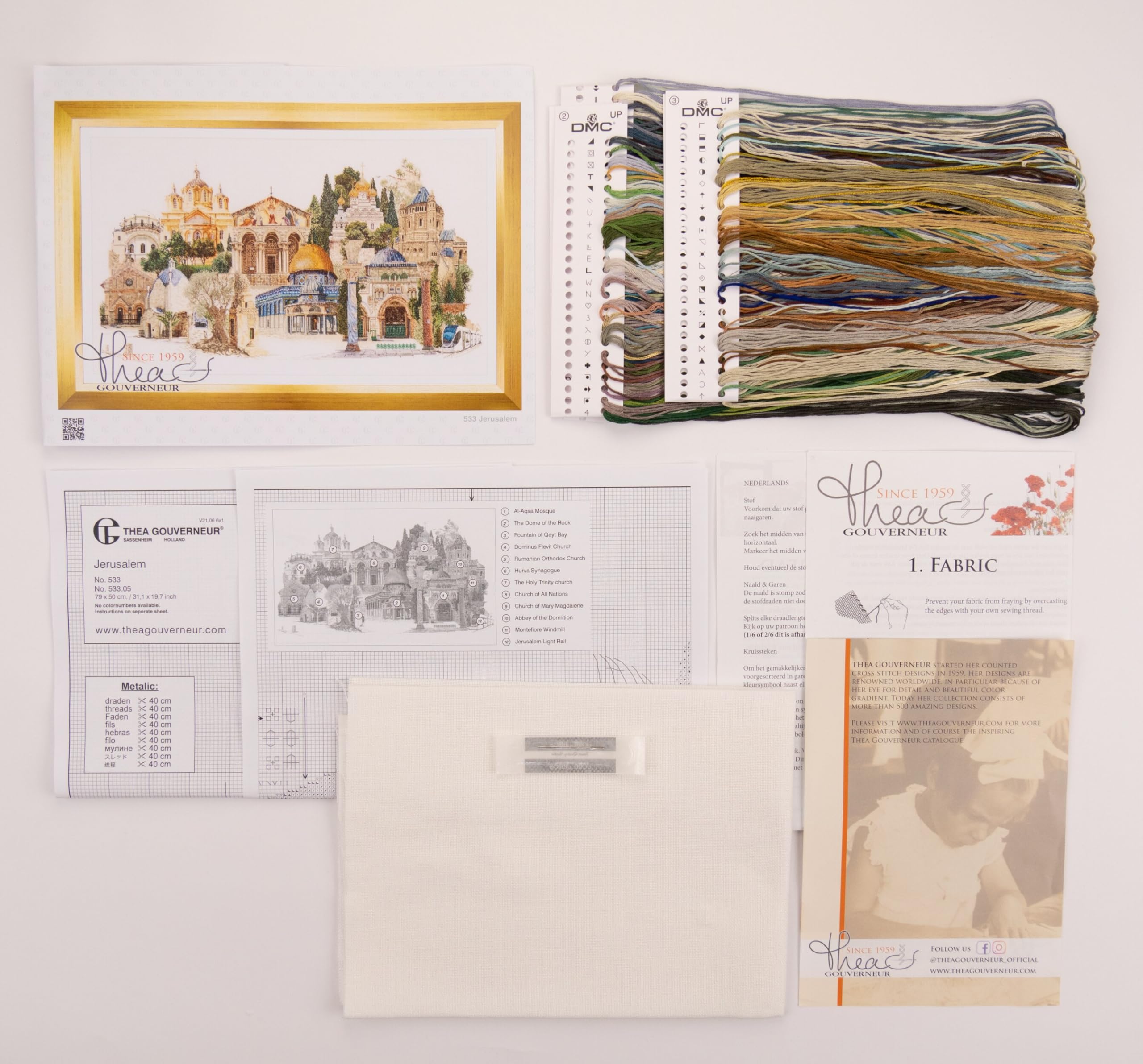 Thea Gouverneur Jerusalem Israel Counted Cross Stitch Kit - 18 Count Aida Fabric with DMC Embroidery Threads - Complete Embroidery Kit for Adults - Perfect for Home Decor, Gifts & Relaxation (Model 533A)