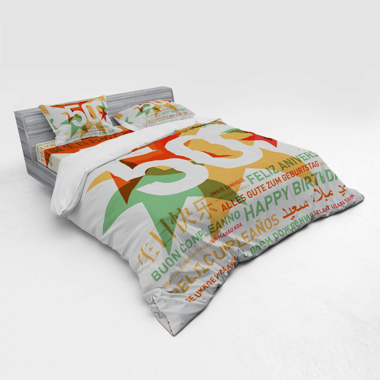Ambesonne 50th Birthday Duvet Cover Set - Retro Multilingual Happy Birthday Print with Stars, 4-Piece King Size Bedding Set with Shams & Fitted Sheet in Green, Red & Orange - Perfect for Birthday Party Decorations & Gift Ideas