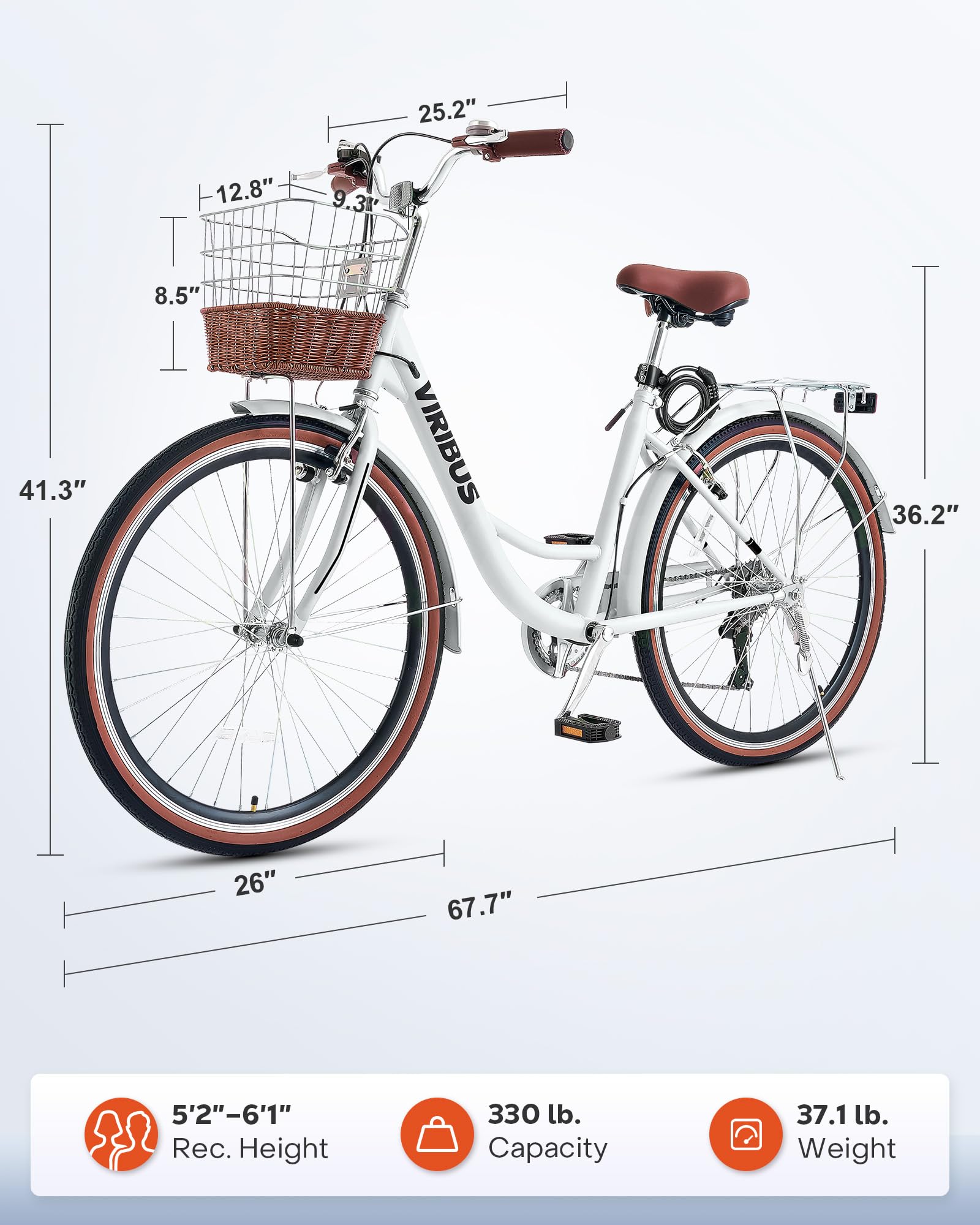 Viribus Women's 7-Speed Cruiser Bike - 24 & 26 Inch Step-Through City Bicycle with Rattan Basket & Rear Rack - Perfect for Commuting, Beach Rides & Urban Cycling