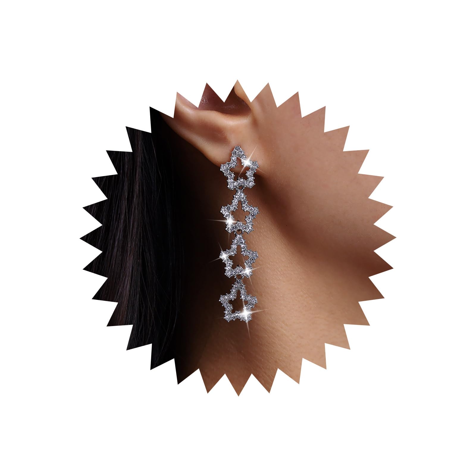 Boho Crystal Star Drop Earrings for Women - Long Rhinestone Dangle Earrings with Sparkly Silver Hollow Star Design | Perfect for Parties, Weddings, and Boho Fashion Accessories