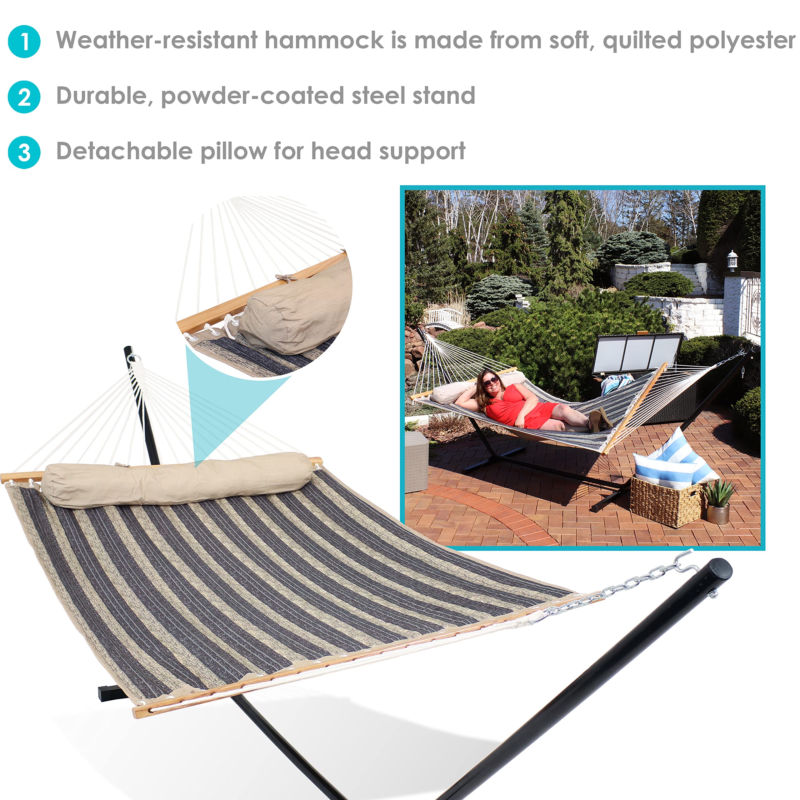 Sunnydaze Quilted Double Hammock with Stand for Outdoor Use - 350 lb Weight Capacity 2-Person Hammock with 12-Foot Steel Stand - Perfect for Backyard, Patio, Camping & Mountainside Relaxation