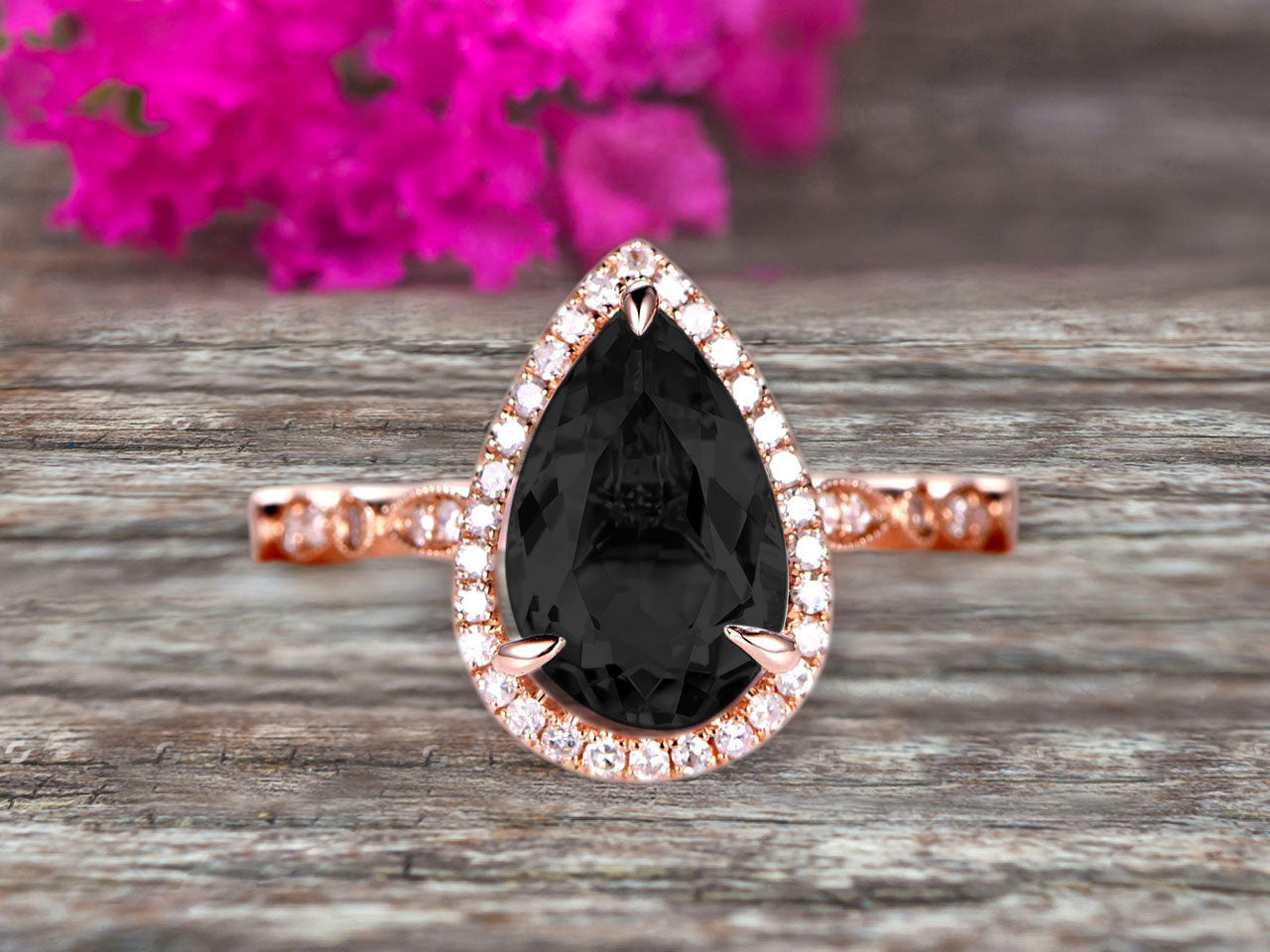 1.50 Carat Pear Shape Black Diamond Moissanite Engagement Ring - Art Deco Wedding Ring in 10k Rose Gold with Halo & Milgrain Design - Perfect for Proposals, Anniversaries & Bridal Jewelry