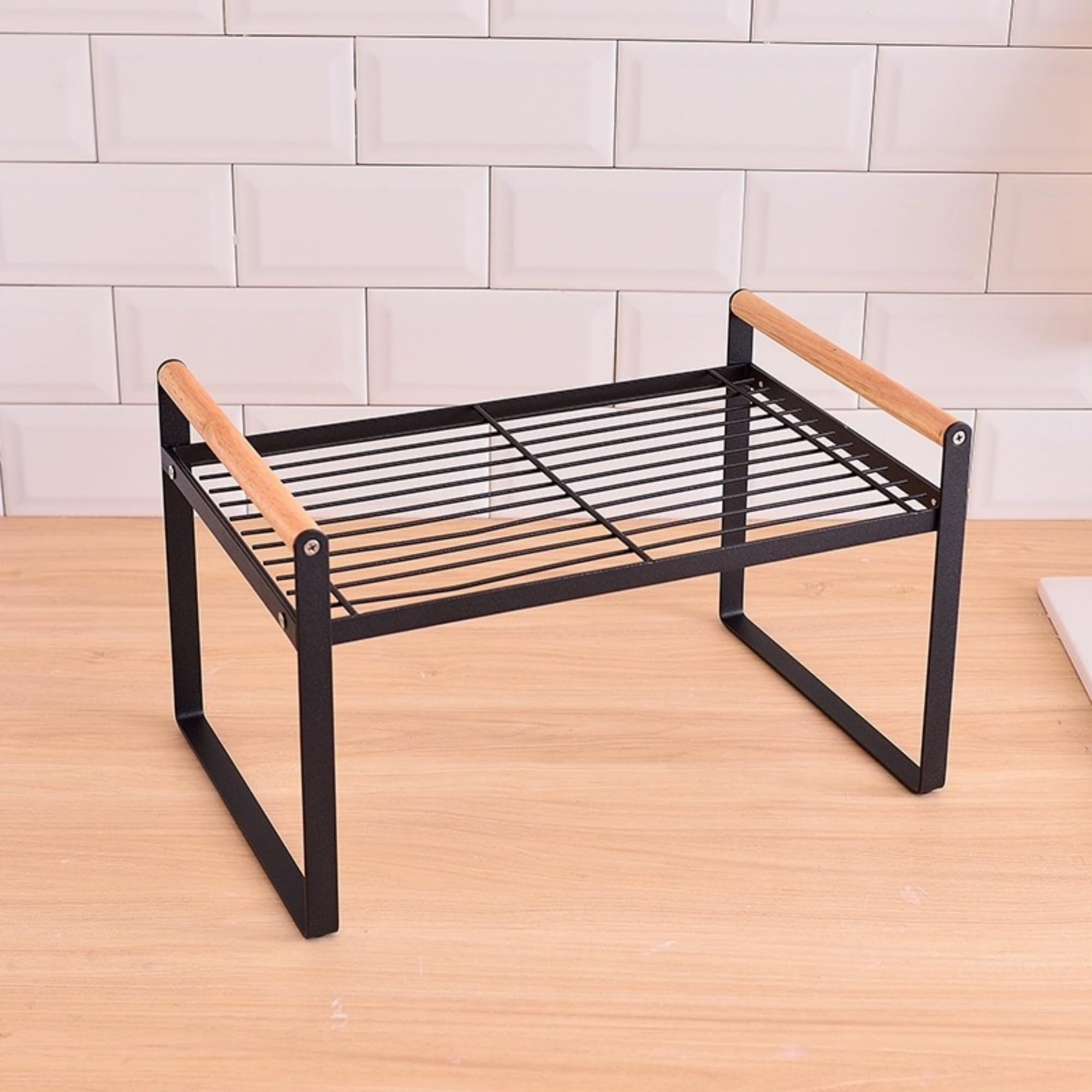 TIEYIPIN Cabinet Organizer Shelf - Kitchen Counter Storage Rack with Wooden Handle, 2-Tier Iron Wire Shelf for Bowls, Dishes & Spices - Space Saving Organizer for Pantry, Bathroom or Office (Black, 1 Pack)