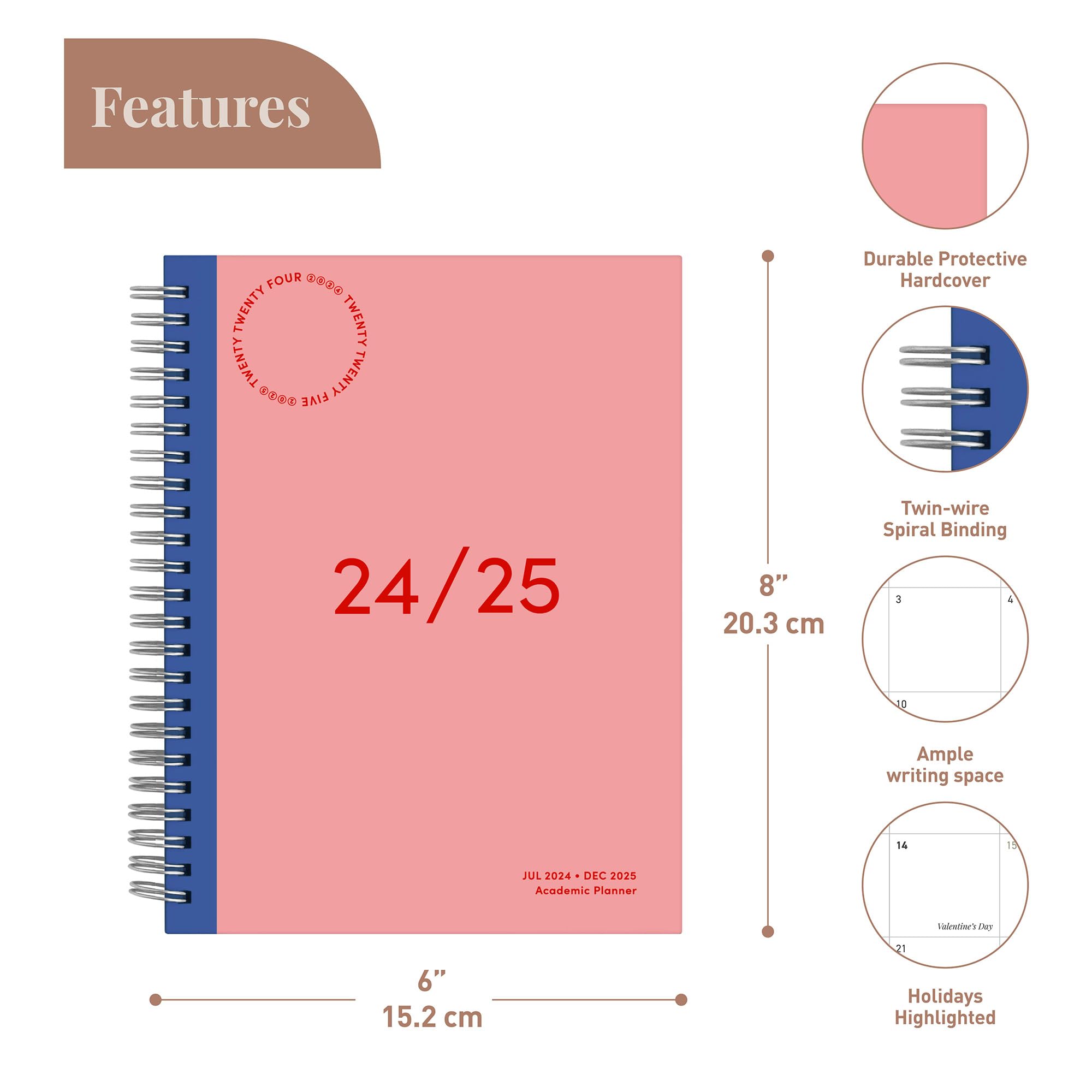 Riley's 2024-2025 Academic Planner | 18-Month Weekly & Monthly Organizer with Twin-Wire Binding | Durable Cover & Notes Pages | 8.3 x 5.9 Inch Pink Student Planner | Perfect for College, School & Work Schedule Planning