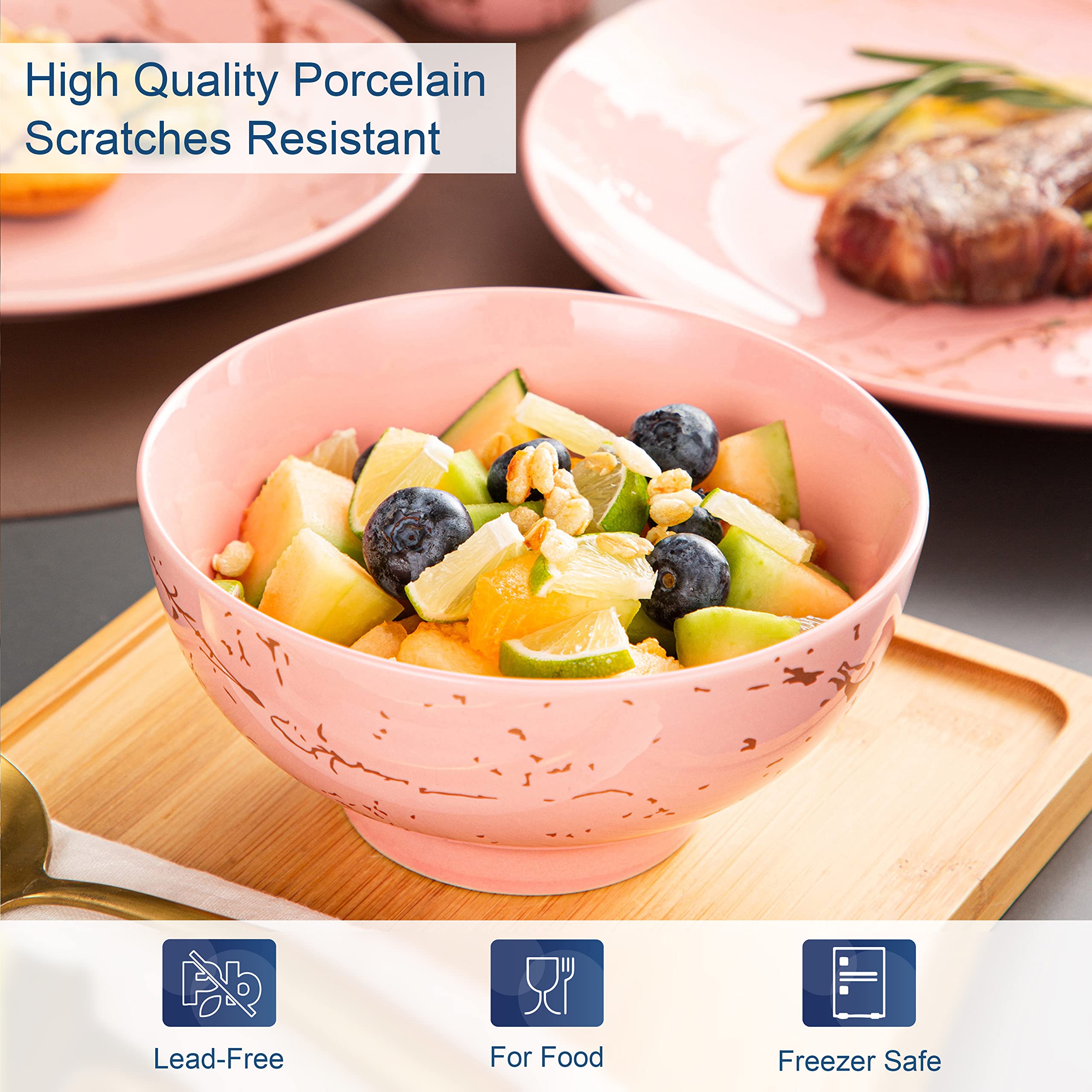 LOVECASA 32-Piece Porcelain Dinnerware Set for 8 - Pink Plates & Bowls with Gold Splash Glaze, Modern Ceramic Dish Set, Dishwasher & Microwave Safe - Perfect for Family Dinners, Parties & Restaurant Use