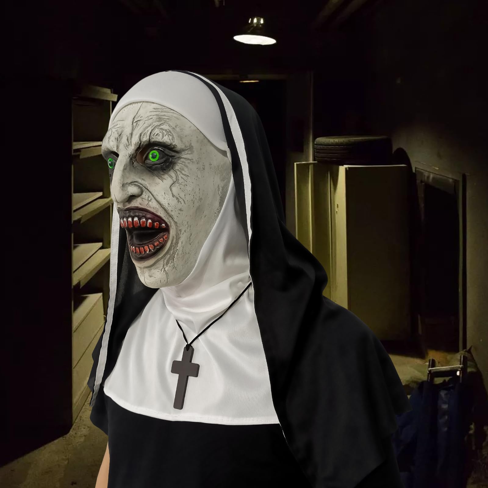 GTETKDE 2024 Scary Halloween Nun Mask - Latex Full Head Horror Costume with Cross Necklace for Adults - Perfect for Halloween Parties, Haunted Houses & Cosplay Events