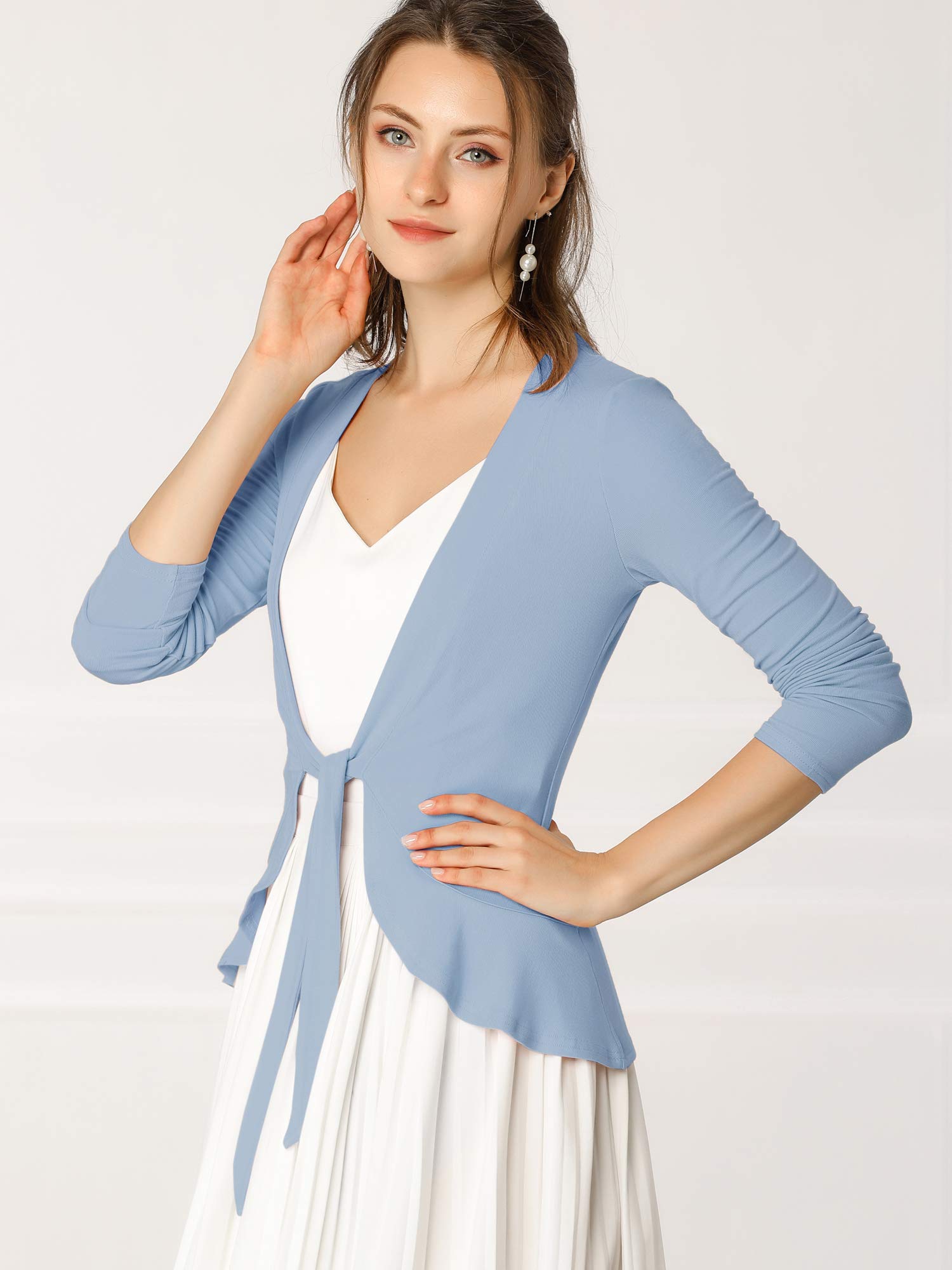 Allegra K Women's Tie Front Knit Cardigan with Ruffle Draped Detail - Casual & Dressy Long Sleeve Open Front Sweater for Office, Date Night & Fall Layering