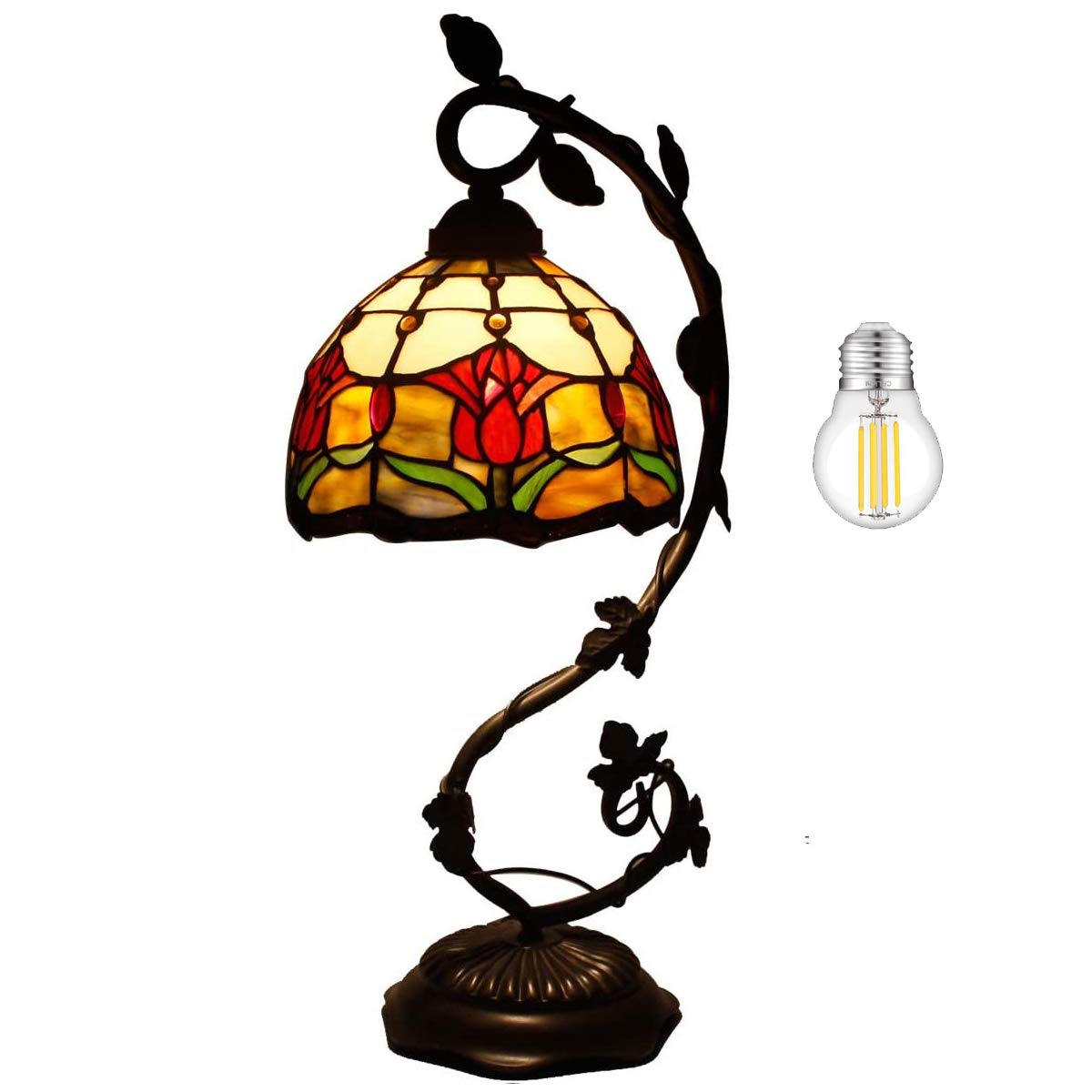WERFACTORY Tiffany Style Red Stained Glass Tulip Table Lamp with Metal Leaf Base - 8x10x21 Inch Reading Desk Light for Bedroom, Home Office & Small Spaces (S030 Series) | Perfect for Cozy Reading Nooks, Nightstand Lighting & Vintage Home Decor