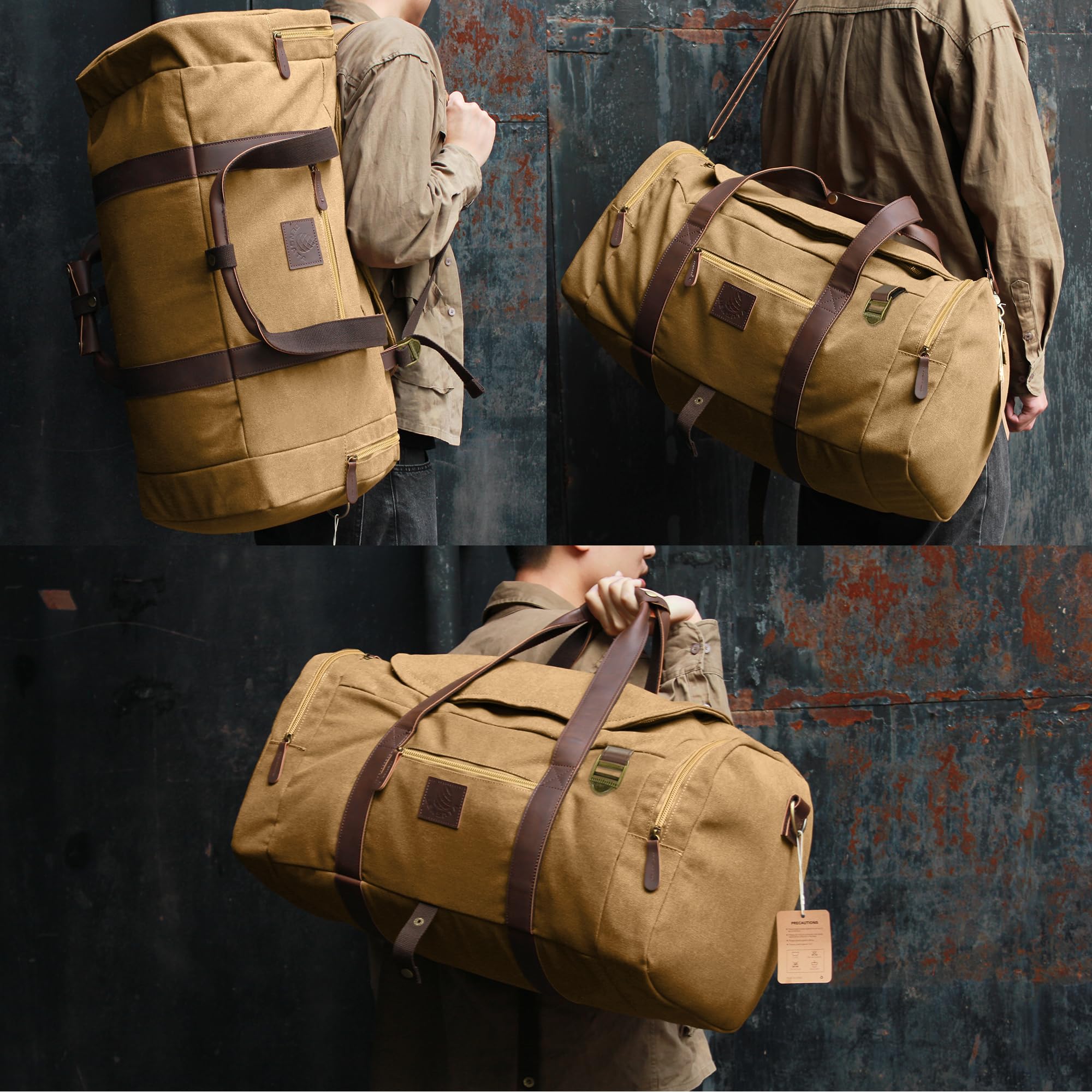 50L Waxed Canvas Duffle Bag for Men - Vintage Genuine Leather Travel Duffel, Weekender Overnight Backpack with Shoes Compartment (Khaki, Large) - Perfect for Gym, Business Trips & Weekend Getaways