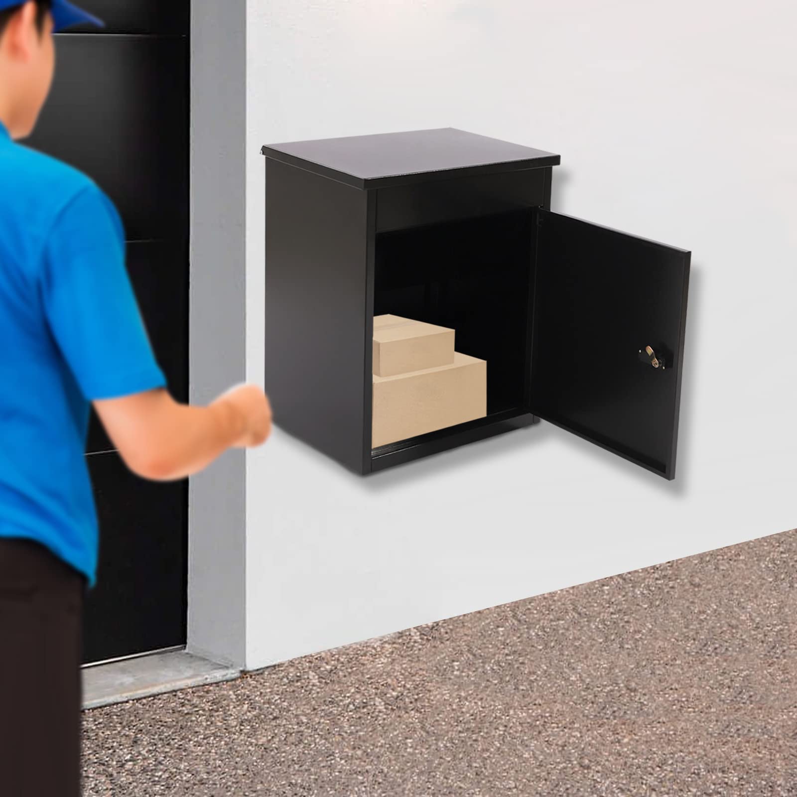16.13x13x22in Wall Mounted Anti-Theft Parcel Drop Box with Code Lock - Large Outdoor Package Delivery Mailbox for Secure Shipping (Black) - Perfect for Porch, Front Door & Apartment Building Deliveries