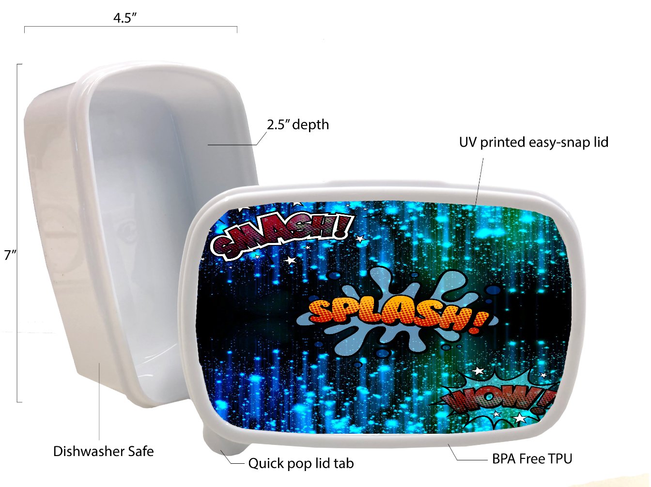 Smash Splash Wow Fun Pattern Printed White Plastic Lunch Box - Durable Food Storage Container for School, Office, and Outdoor Adventures