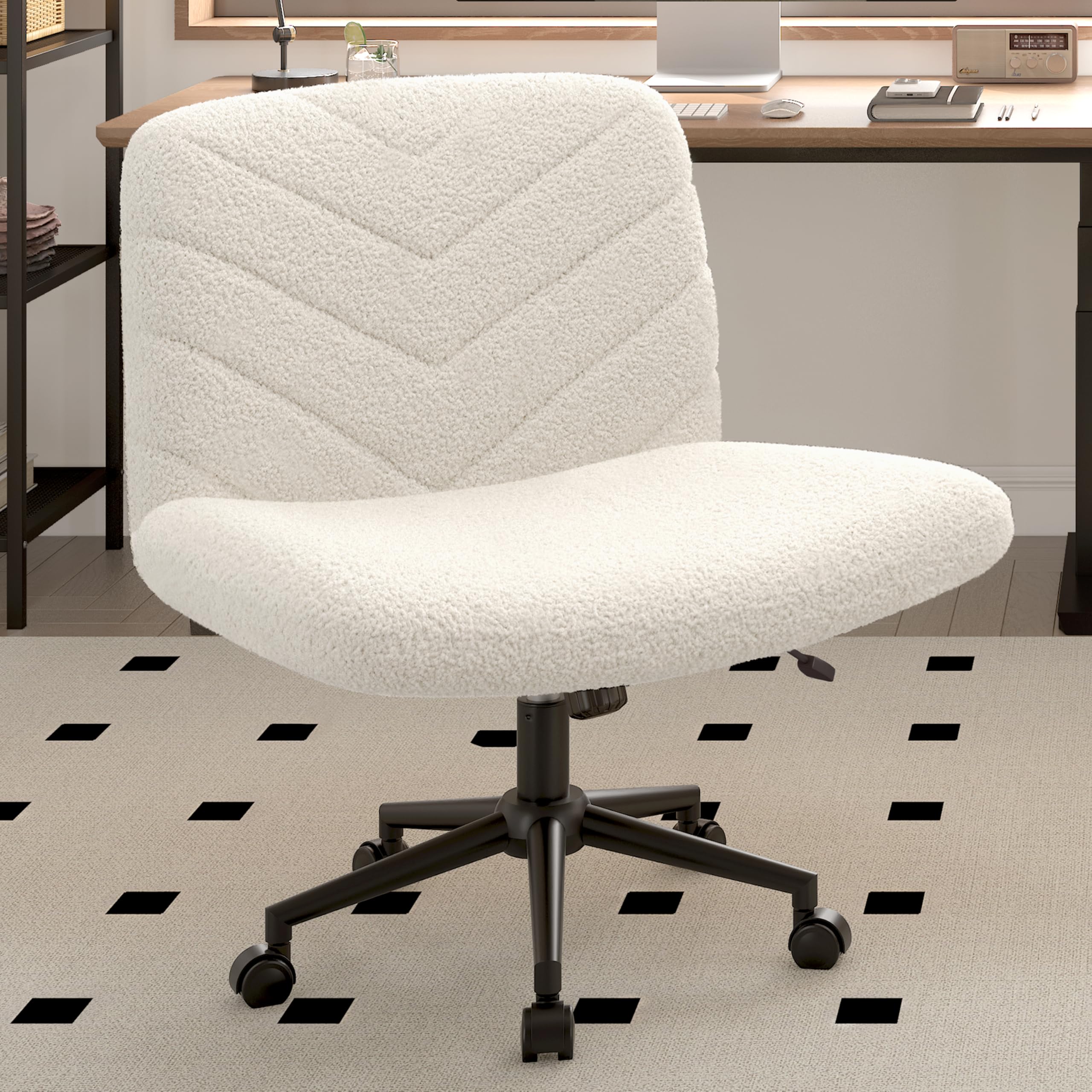 Yaheetech Wide Criss Cross Chair with Wheels - Armless Swivel Office Desk Chair with Comfortable Cross-Legged Design, Computer Chair for Home Office & Vanity (Ivory) - Perfect for Workstations, Gaming & Makeup Areas