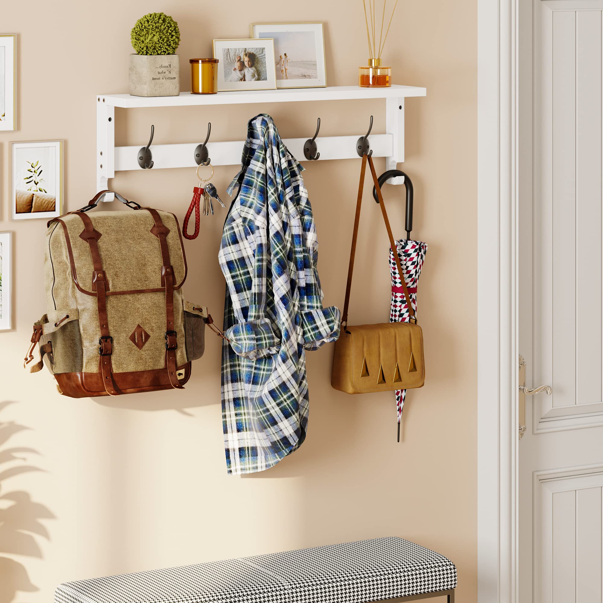 AMBIRD Wall Mounted Coat Rack with Shelf - 28.9 Inch Entryway Organizer with 5 Hooks for Coats, Hats, Bags & Accessories - Space Saving Hanging Solution for Living Room, Bedroom, Bathroom & Hallway (White, 28.9 x 4.5 Inches) - Perfect for Small Spaces & Home Organization