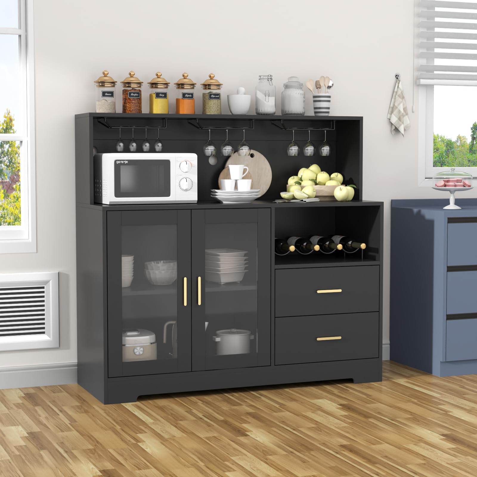 Modern LED Wine Bar Cabinet with Glass Rack & Storage Drawers - Kitchen Buffet Sideboard for Liquor, Coffee & Dining Essentials - Perfect for Living Room, Dining Room & Home Entertainment (Black)