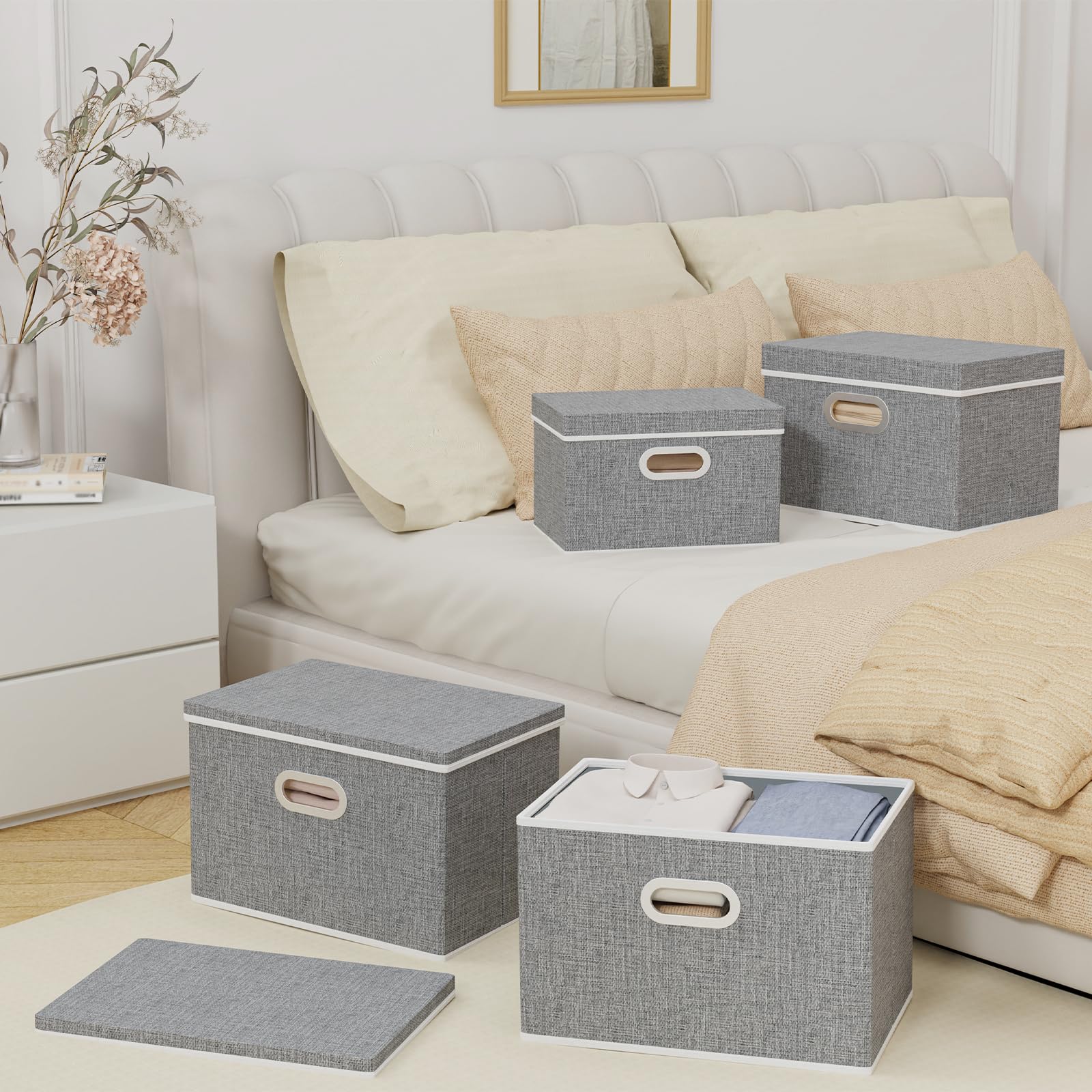 Yawinhe 5-Pack Storage Bins with Lids & Metal Handles - 15''L x 9.8''W x 9.8''H Waterproof Organizer Baskets for Closet, Home & Office Organization (Gray)