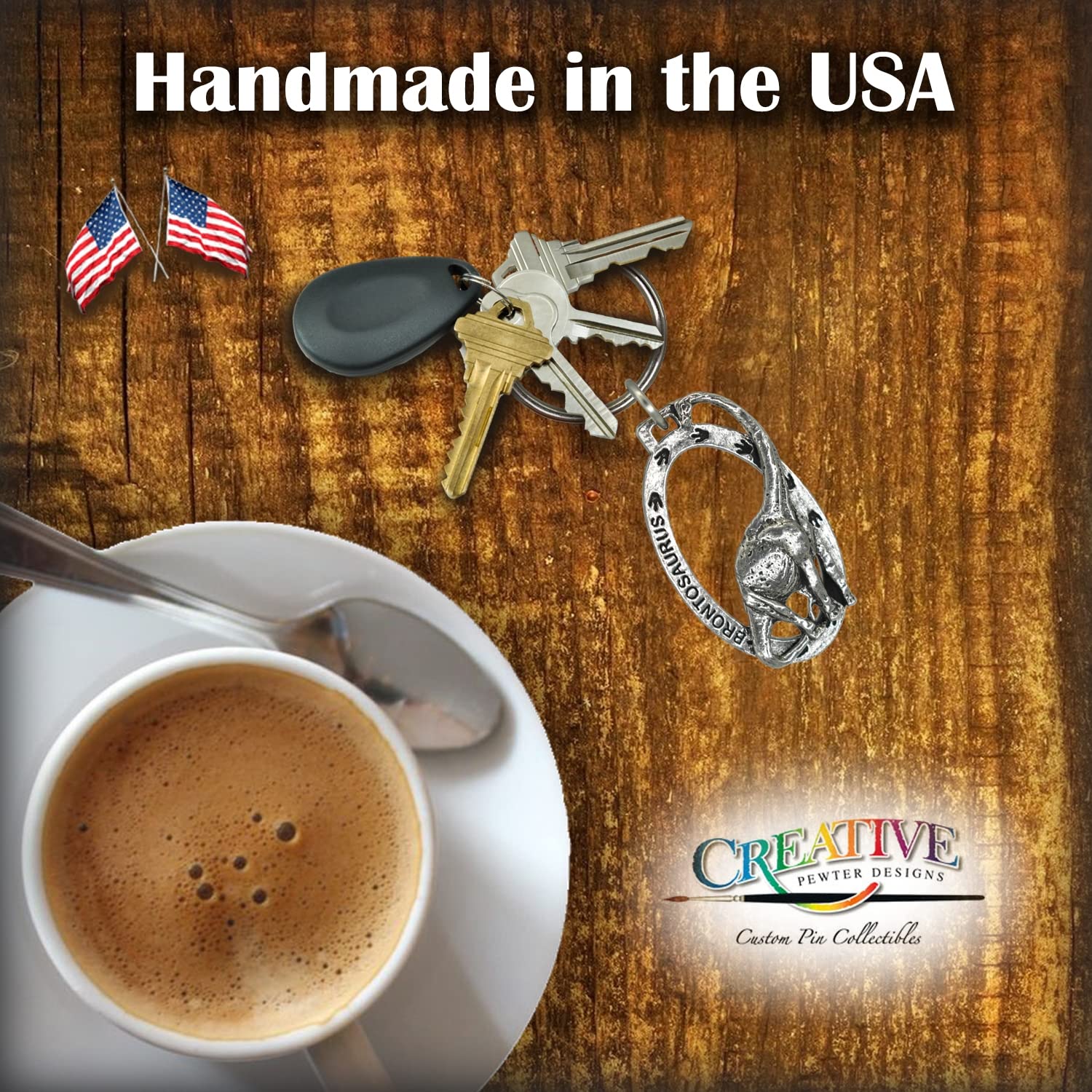Brontosaurus Keychain - 2” Pewter Dinosaur Key Ring | 100% Handmade in USA | Durable Metal Key Fob Gift | Perfect for Home, Office & Travel Essentials | Over 100 Unique Keychain Designs