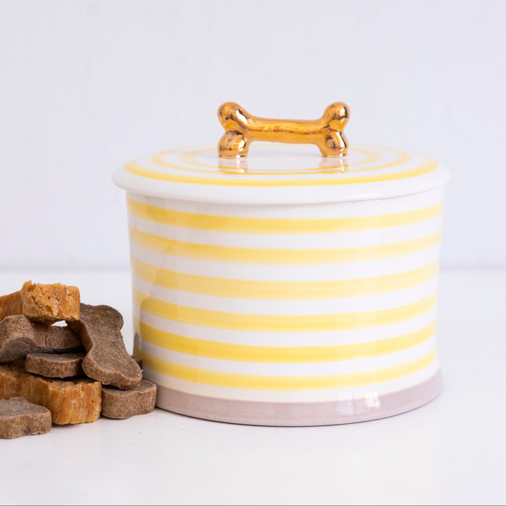 Jill Rosenwald X Polkadog Ceramic Bone Jar in Bright Saffron - Stylish Pet Treat Storage for Dogs, Perfect for Kitchen Counter or Gift Idea