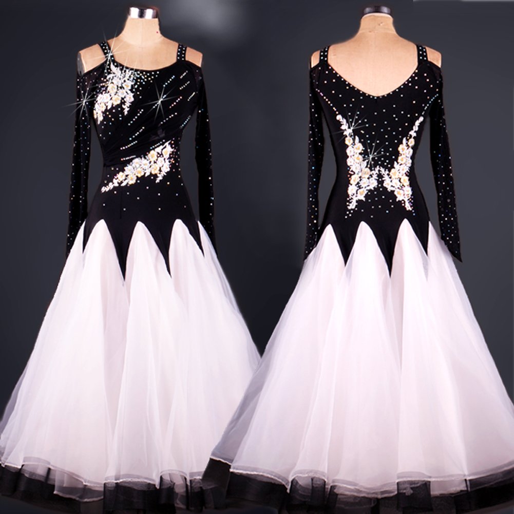 Elegant Women's Modern Waltz Tango Smooth Ballroom Dance Dress - Standard Competition Ballroom Gown (Size S) Black & White - Perfect for Dance Competitions, Performances & Social Dancing Events