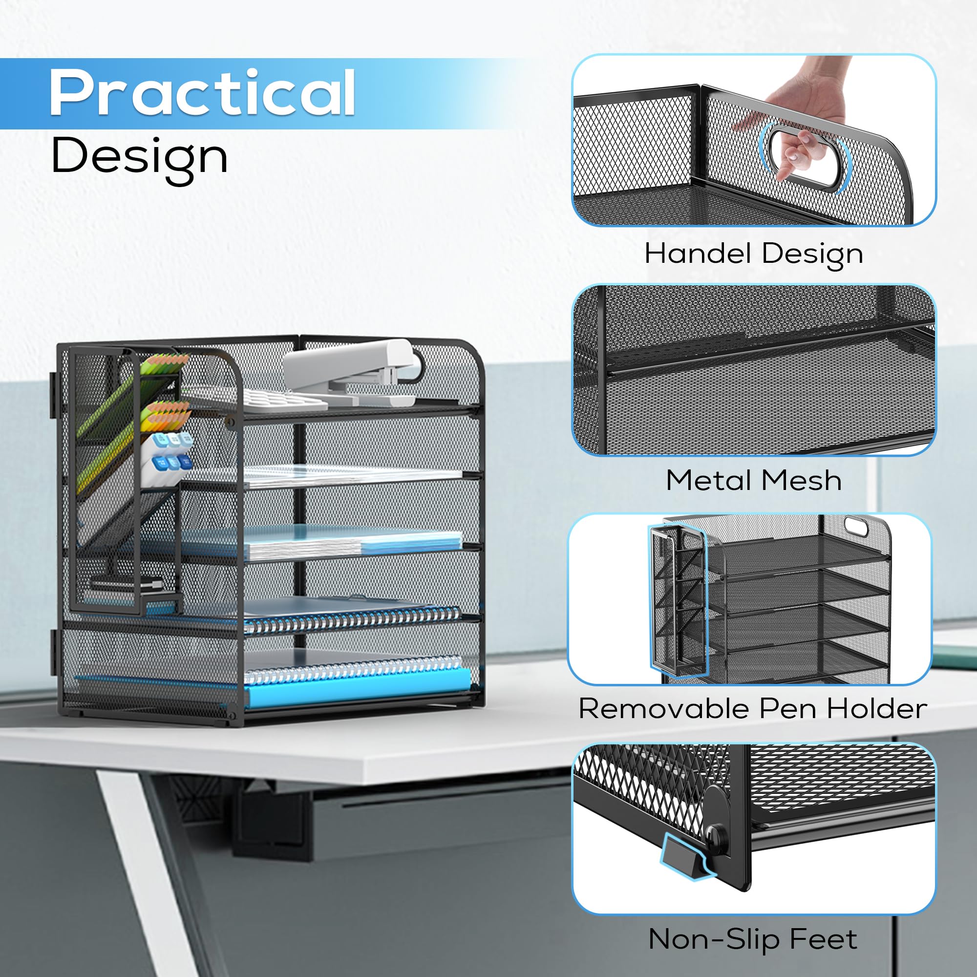5 Tier Desk Organizer with Handle & Removable Pen Holders - Black Office Supplies for Home & Office Organization, Perfect for Desk Accessories, School Supplies, and Workspace Storage